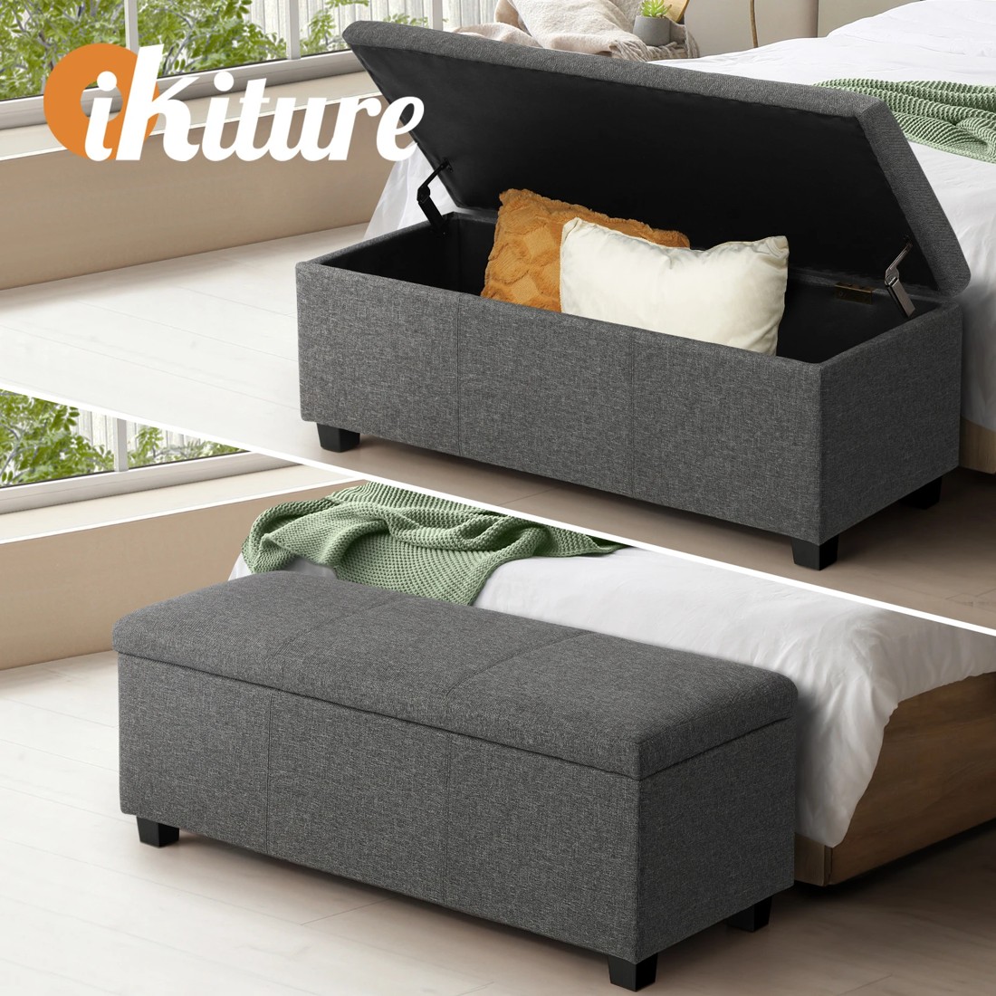2 Oikiture Storage Ottoman Blanket Box Linen Fabric Arm Foot Stool Couch Large
 - Grey, 2 of 10