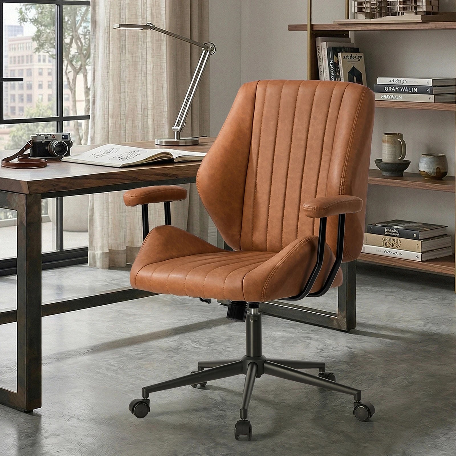 4 Oikiture Office Chair Mid Back Swivel Gaming Desk Chair with Padded Arms - Brown, 4 of 5