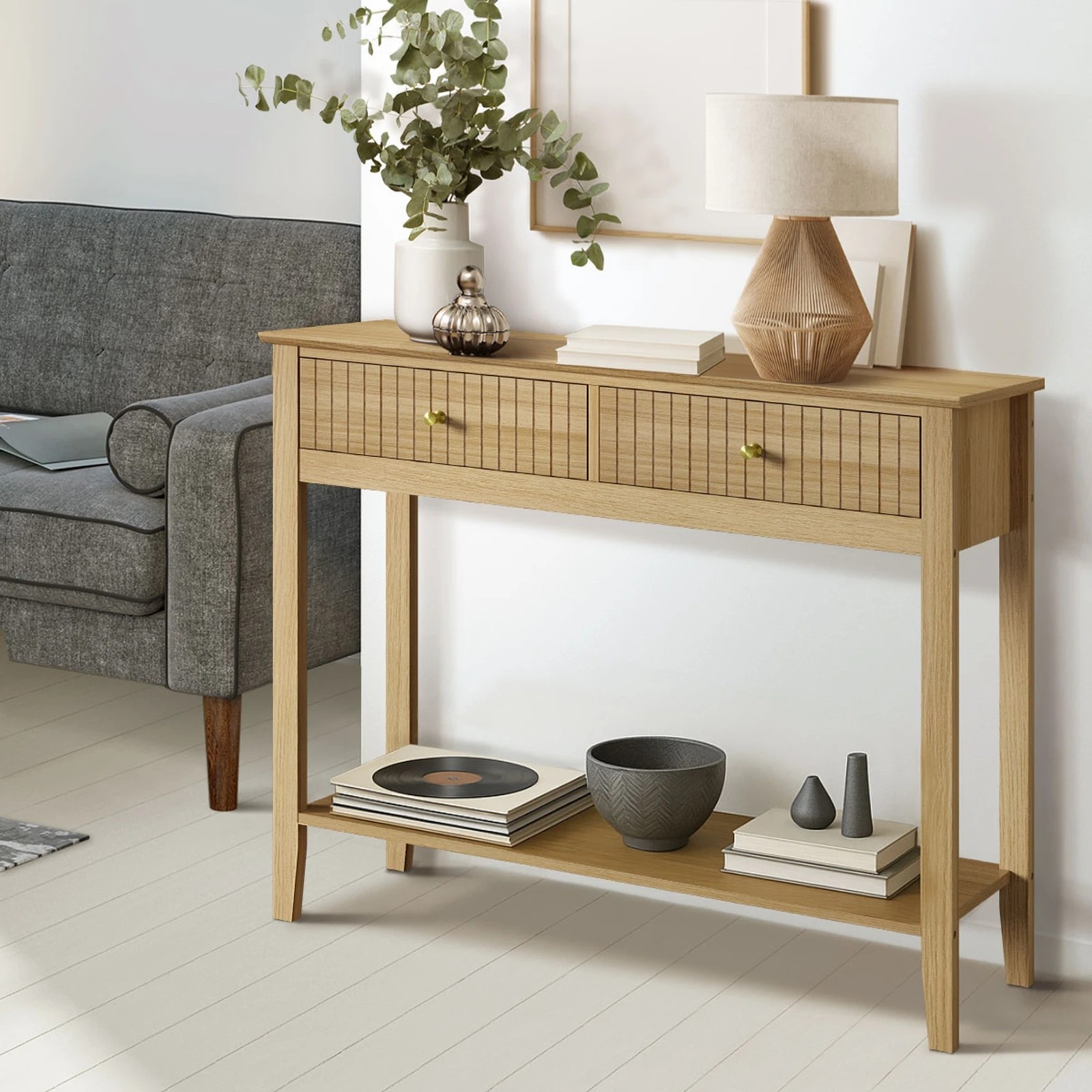 3 Oikiture 100cm Console Table Hallway Table With 2 Storage Drawer Entry Desk
 - Natural, 3 of 10