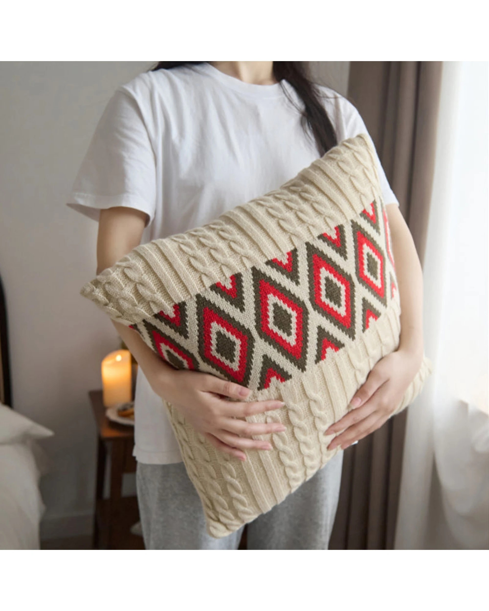 2 Cotton More Soft Acrylic Knitted Square Cushion Pillow Cover B - Beige, 2 of 4