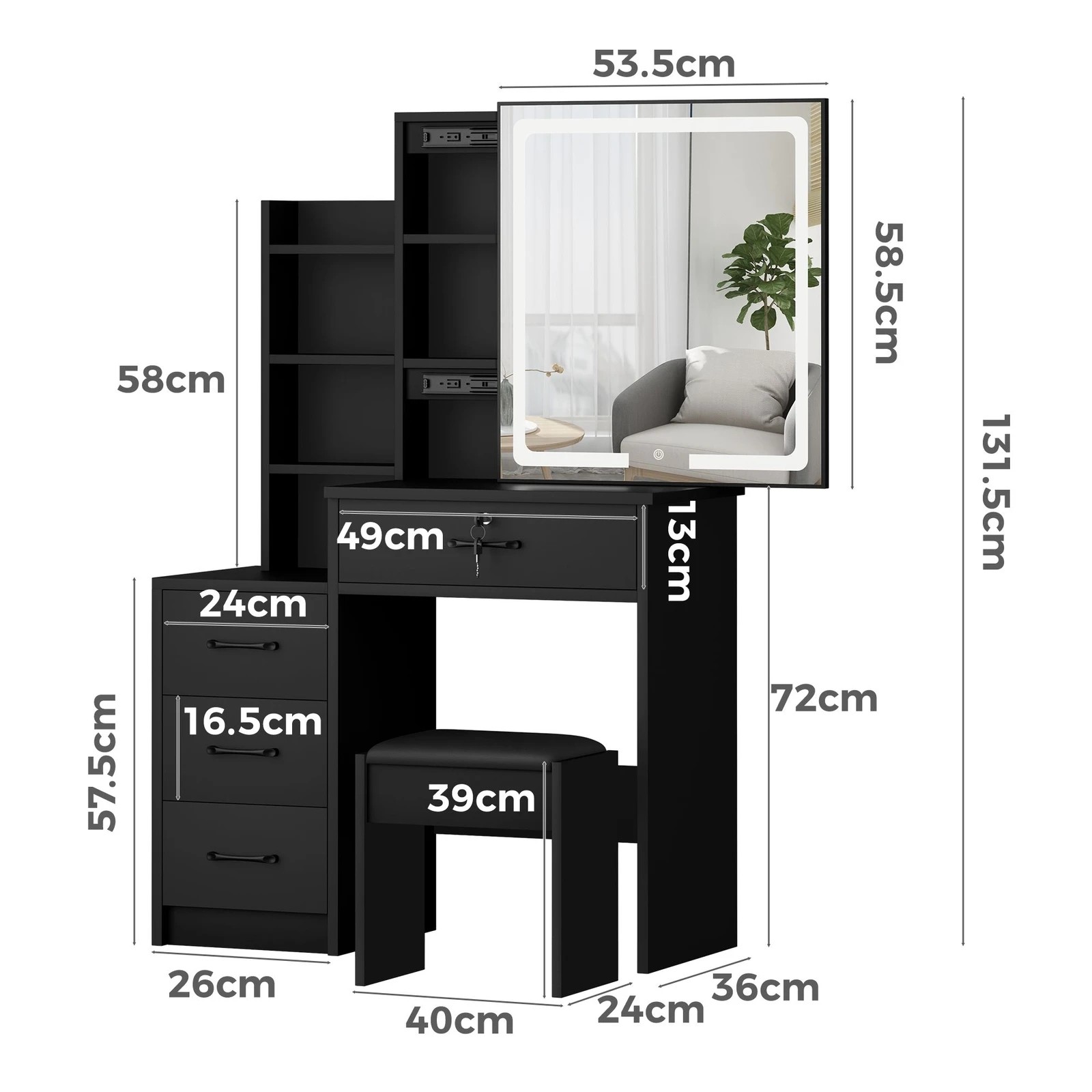 9 Alfordson Dressing Table Stool Set Makeup Mirror Vanity Desk Drawers - Black, 9 of 10