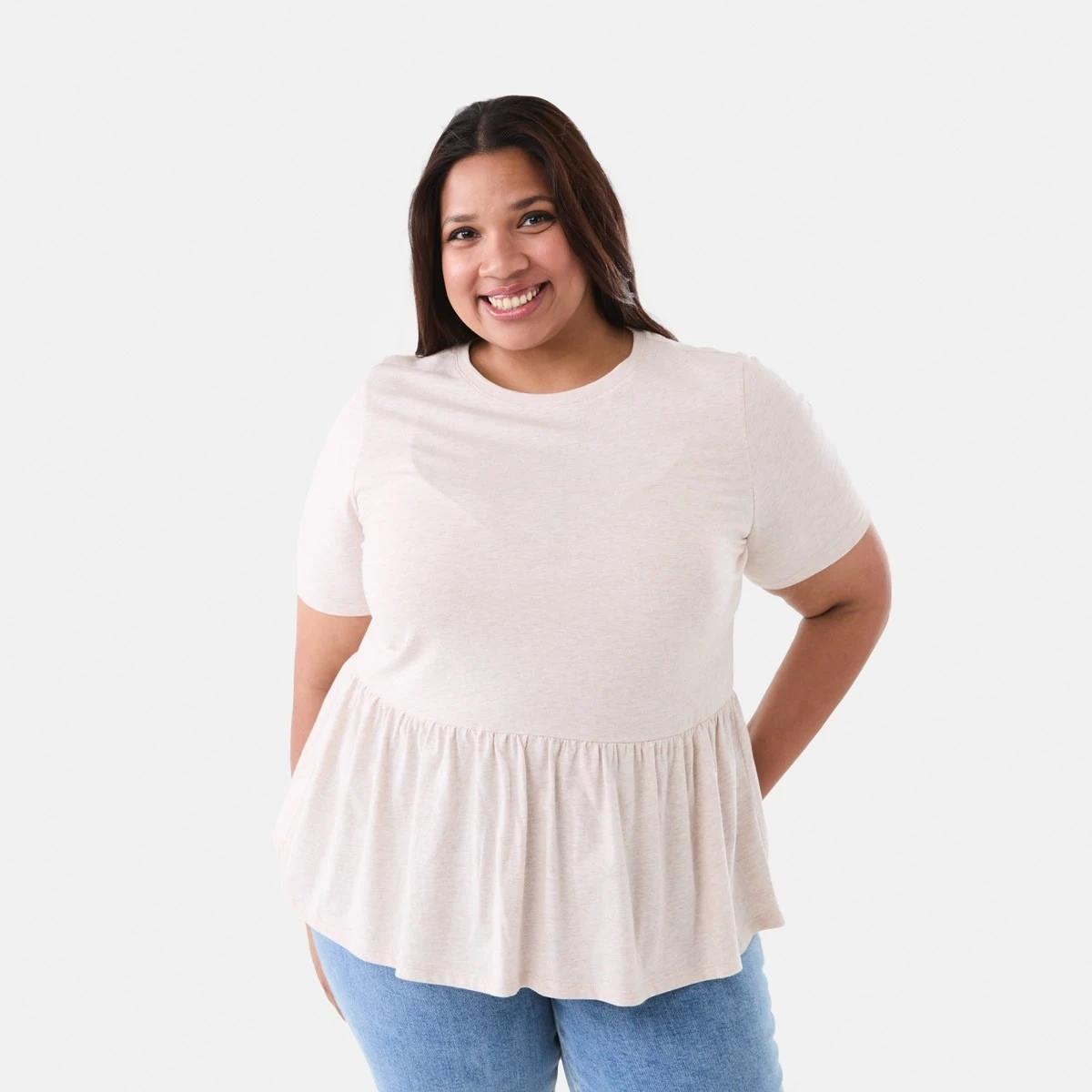 1 Curve Short Sleeve Peplum Top Soft Bge, 1 of 6