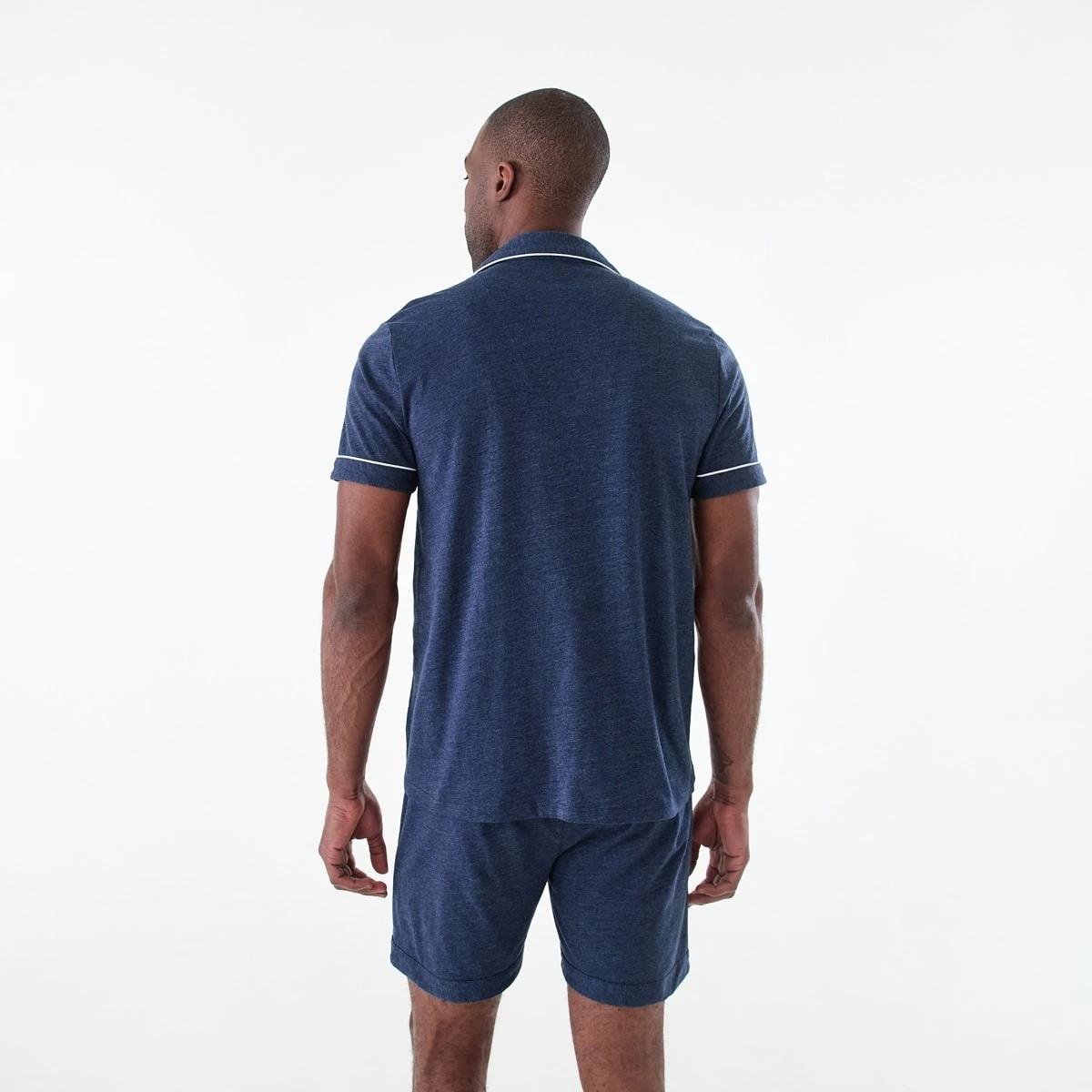 3 Short Sleeve Button Through Knit Pyjama Set NAVY MARLE, 3 of 8