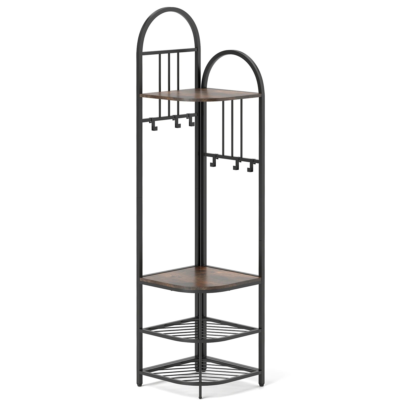 1 Costway 4-Tier Coat Rack 180cm Corner Hall Tree w/Shoe Storage Bench & 6 Removable Hooks - Brown, 1 of 4