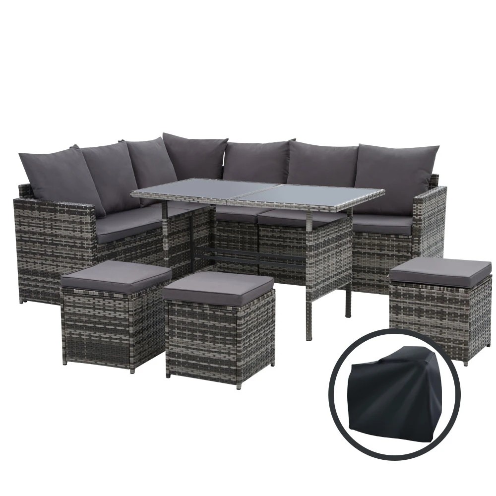 1 Gardeon Outdoor Dining Set Sofa Lounge Setting Chairs Table Ottoman Cover - Grey, 1 of 5