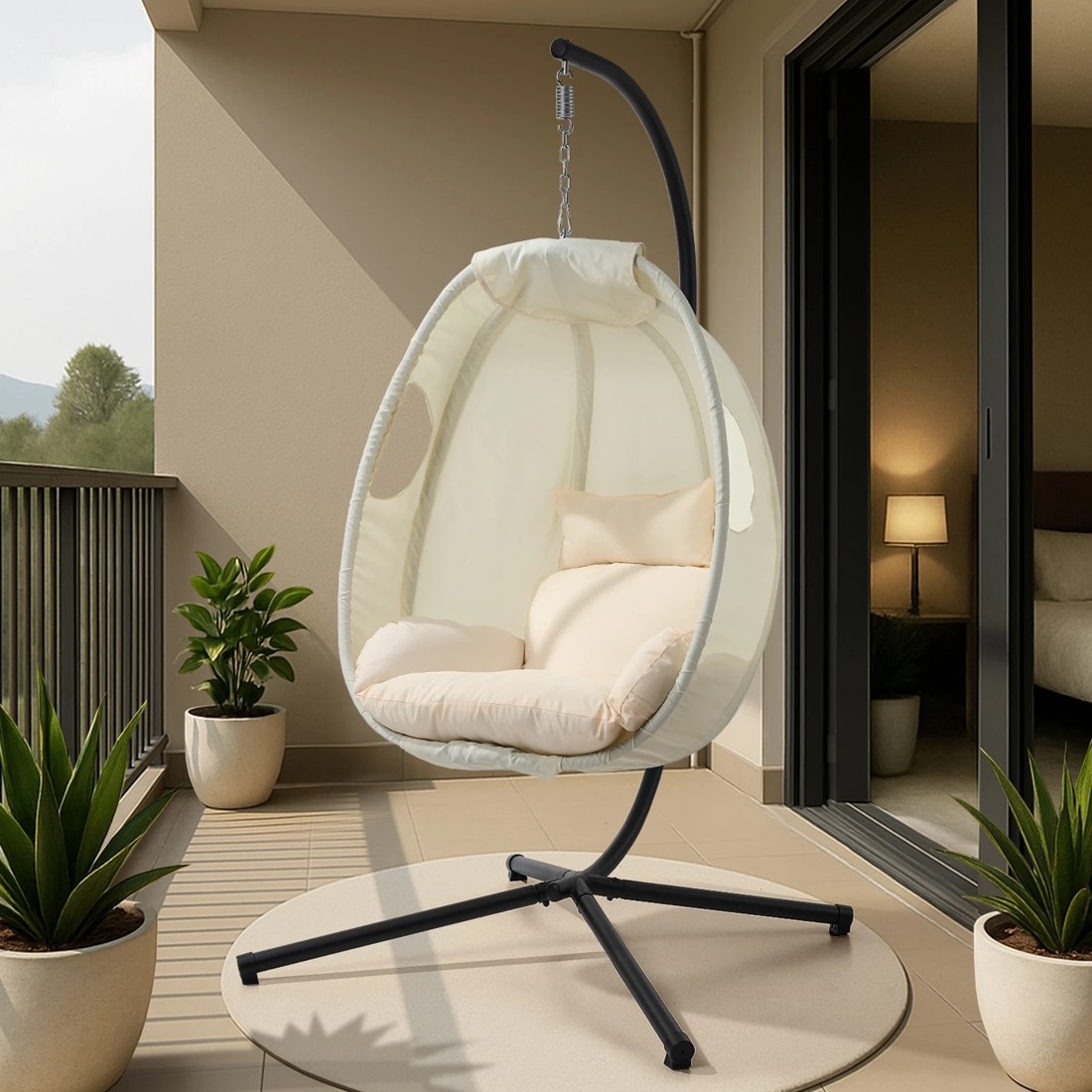 3 Livsip Outdoor Egg Hanging Chair Swing Seat Furniture with Stand Cushion - Beige, 3 of 8