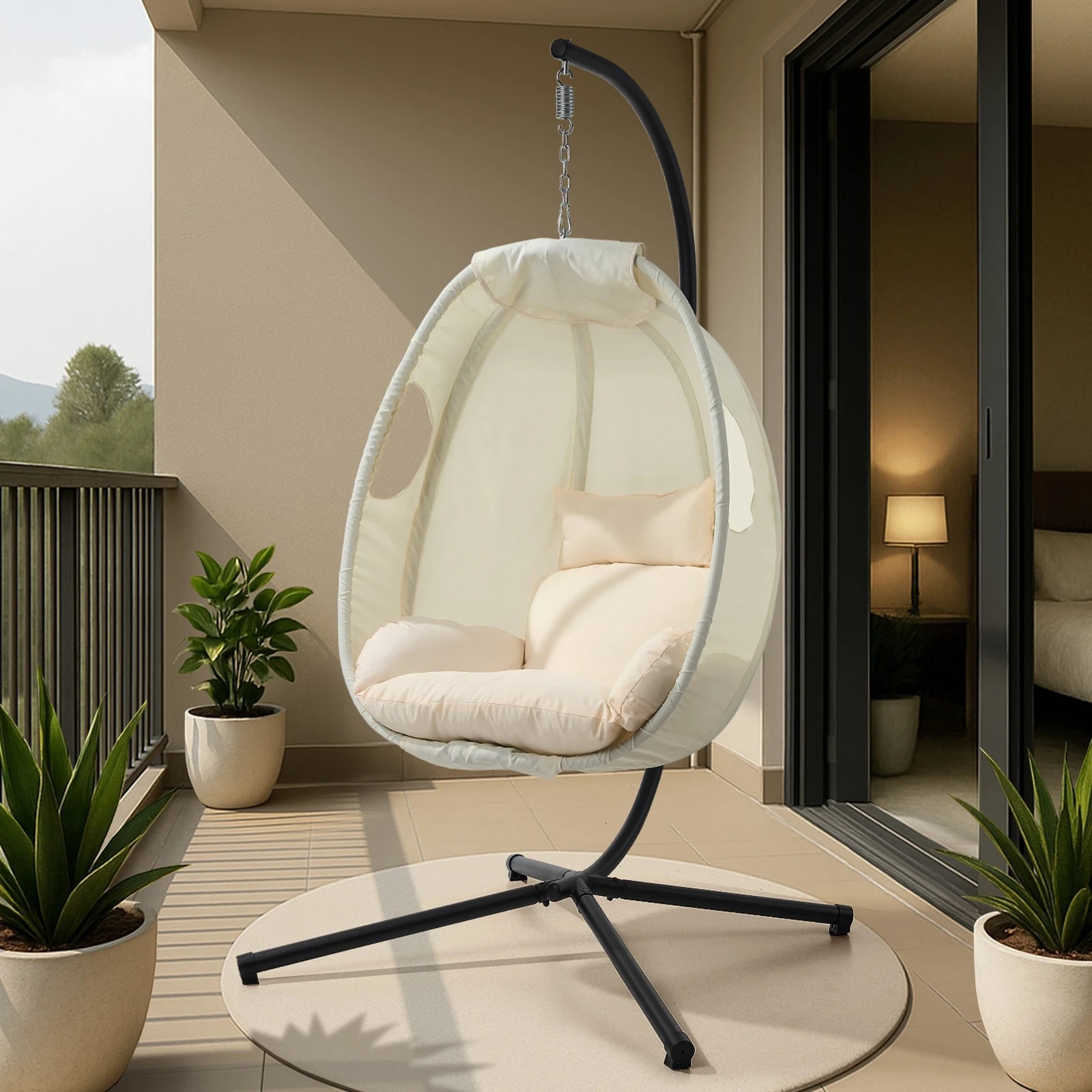 3 Livsip Outdoor Egg Hanging Chair Swing Seat Furniture with Stand Cushion - Beige, 3 of 8