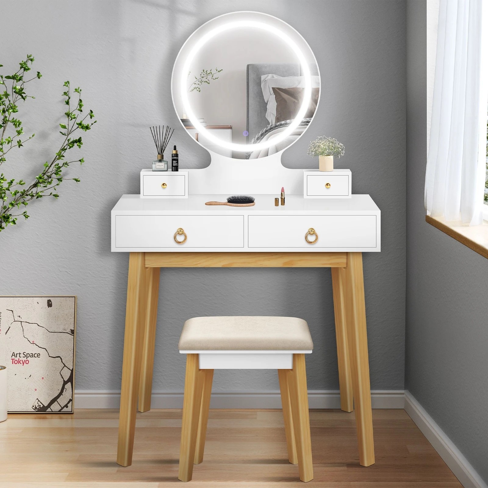 8 Alfordson Dressing Table Stool Set Makeup Mirror Vanity Desk LED Light - White, 8 of 10