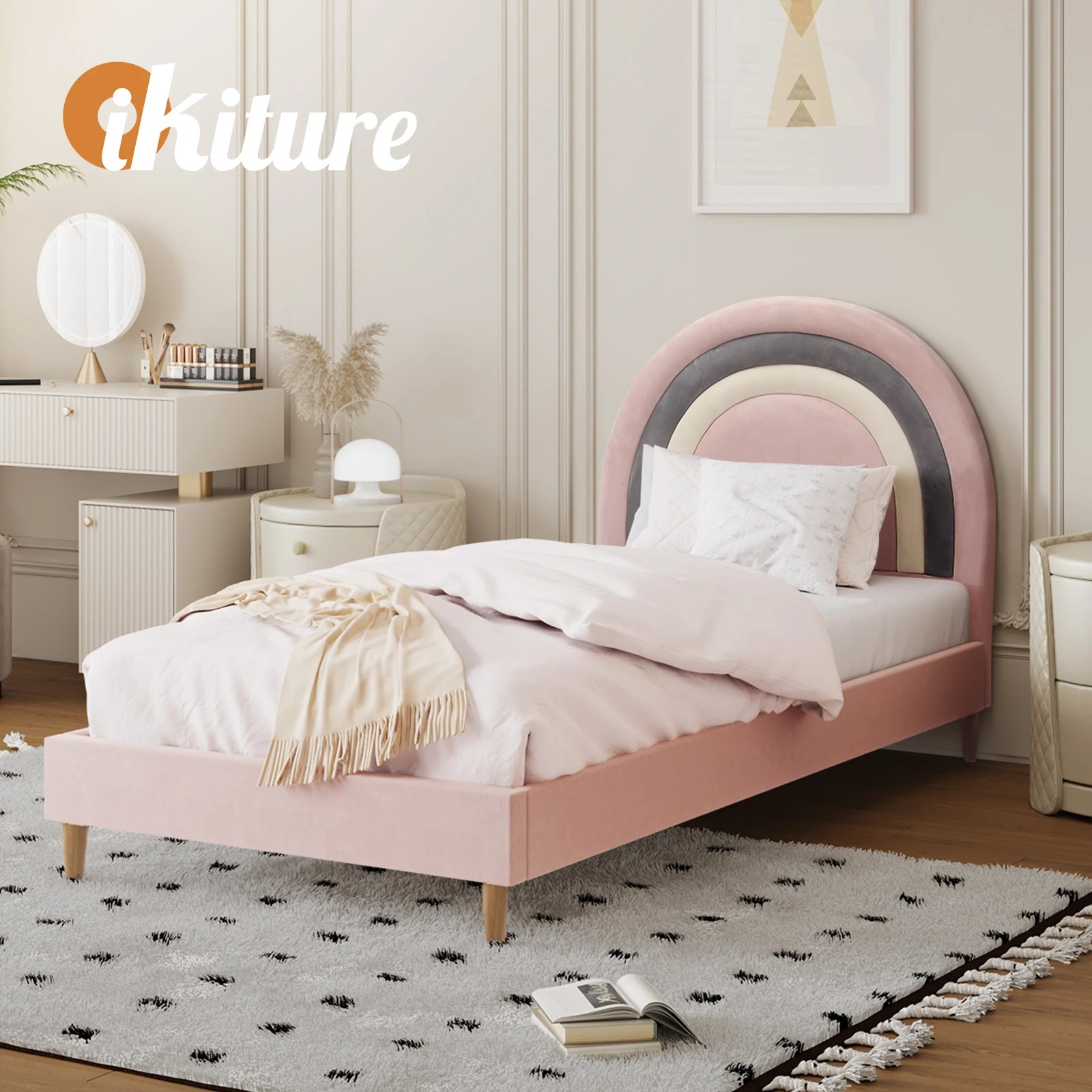 5 Oikiture Single Bed Frame Rainbow Kids Bed Base Velvet
 - Pink, 5 of 10