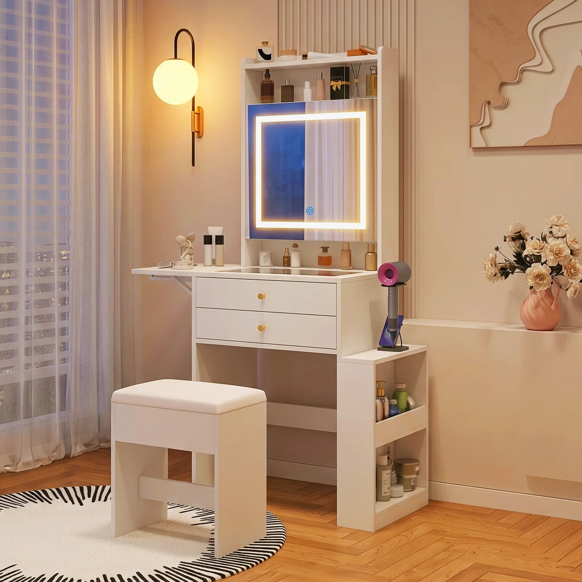 9 Advwin Dressing Table Stool w/ Glass Desktop Side Storage & Charging Station - White, 9 of 10