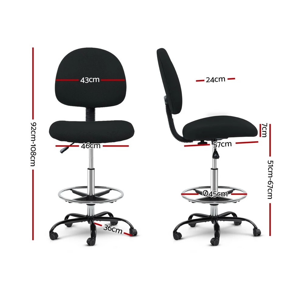 2 Artiss Office Chair Drafting Stool Fabric Chairs - Black, 2 of 6
