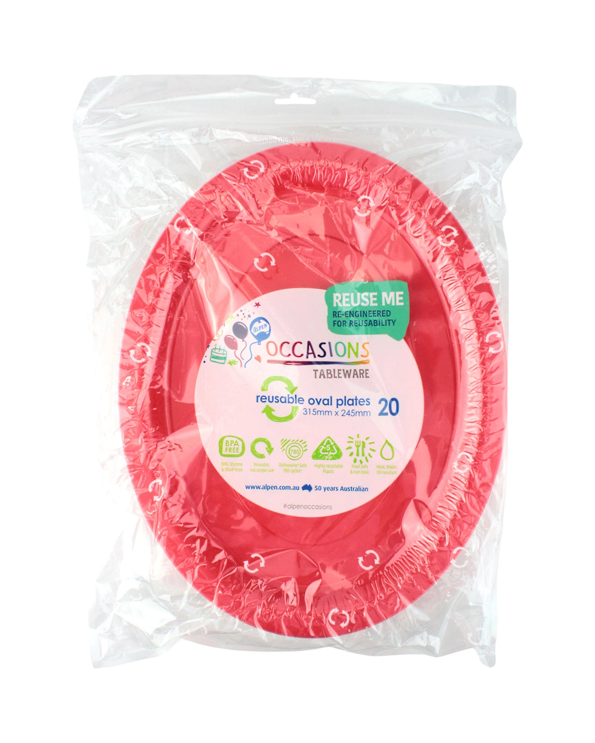 2 Alpen Reusable Oval Plates 31.5cm Pack of 20 - Red - Red, 2 of 3