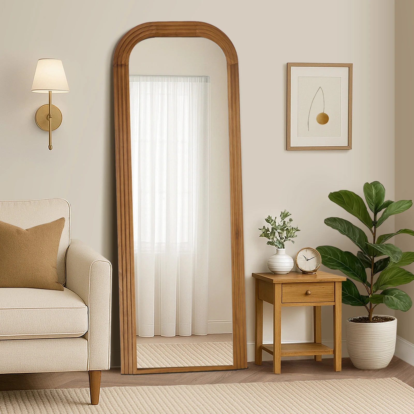 3 Oikiture Full Length Arch Mirror 165x60cm Wood Top Rounded Corner Bedroom - Brown, 3 of 10