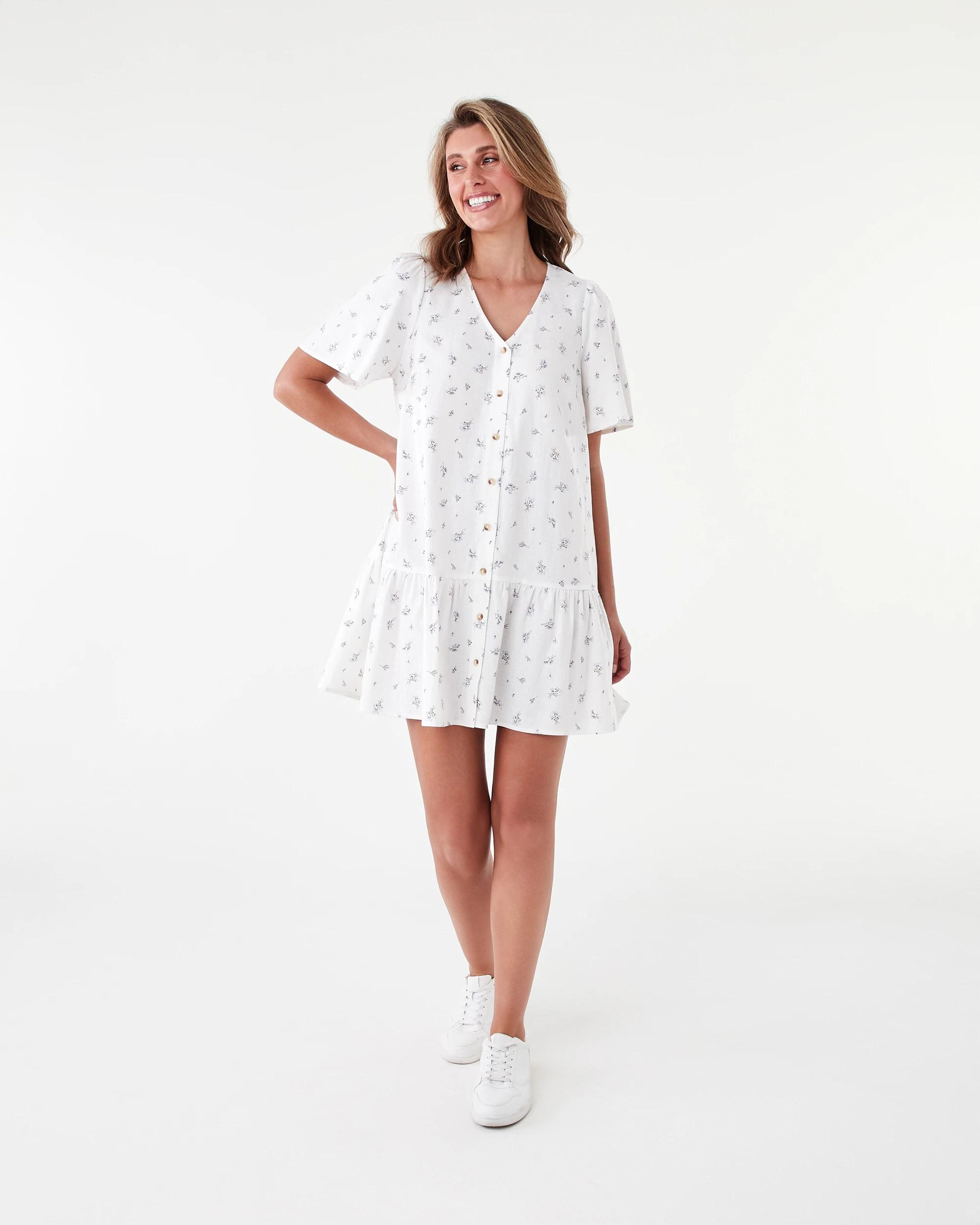 9 Short Sleeve Linen Blend Drop Tier Mini Dress Ditsy, 9 of 9