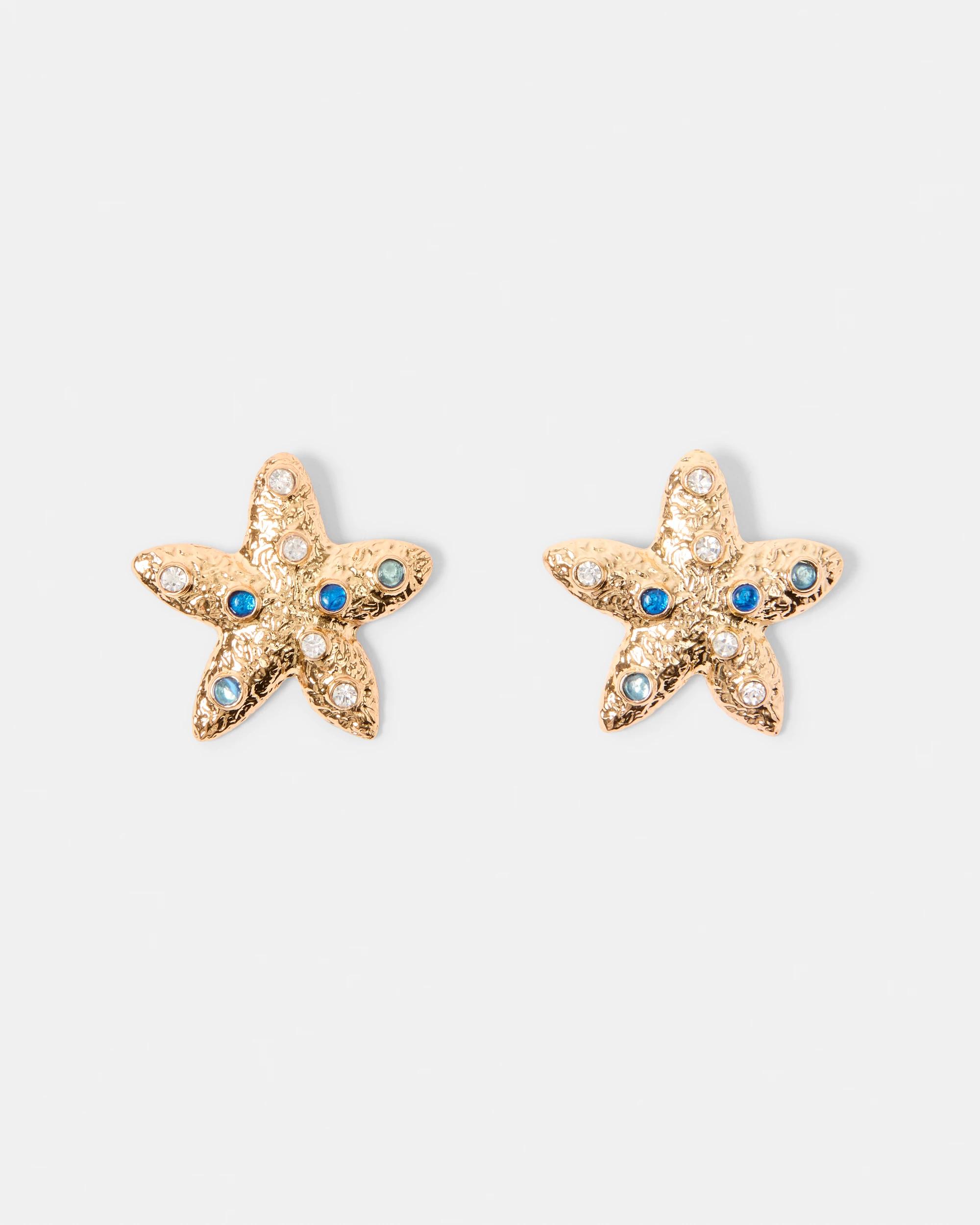 1 Diamante Starfish Stud Earrings - Gold Tone Gold, 1 of 5