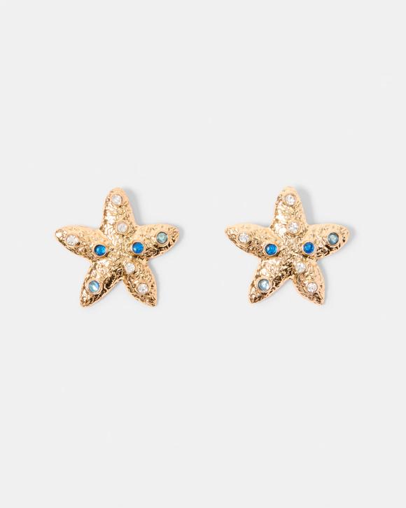 Diamante Starfish Stud Earrings - Gold Tone