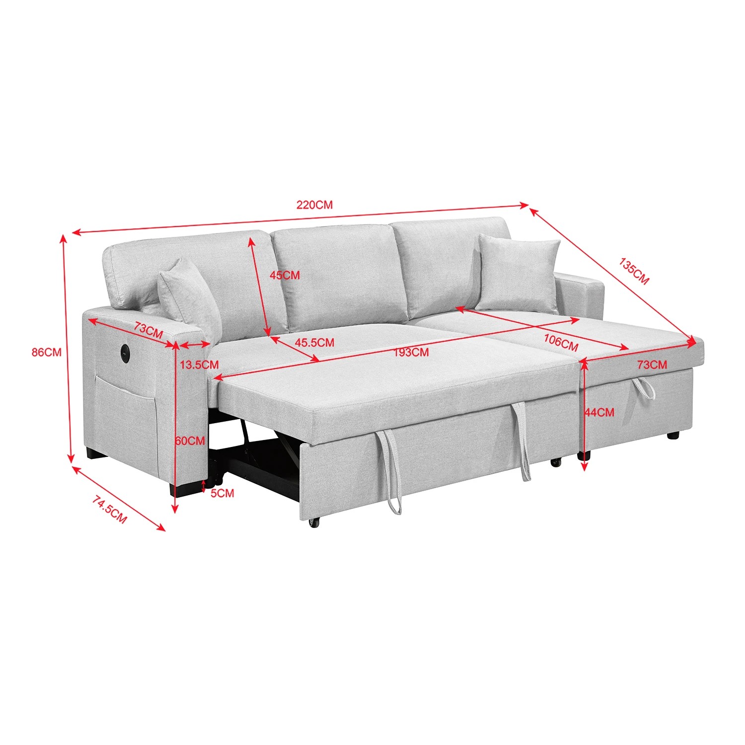 6 Foret 3 Seater Sofa Bed Modular Corner Pullout Lounge In Light Grey, 6 of 9