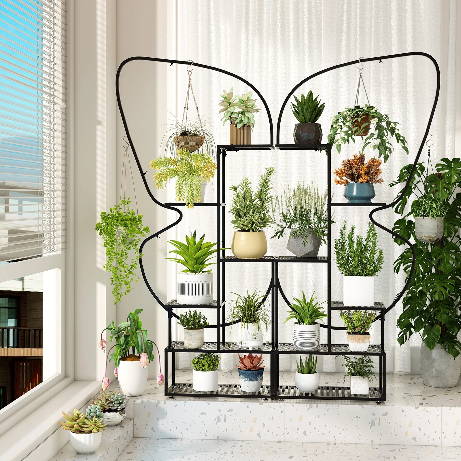 2 Costway 6 Tier Butterfly-Shaped Flower Rack Metal Plant Stand Pot Shelf w/Mesh Boards Hooks, 2 of 4