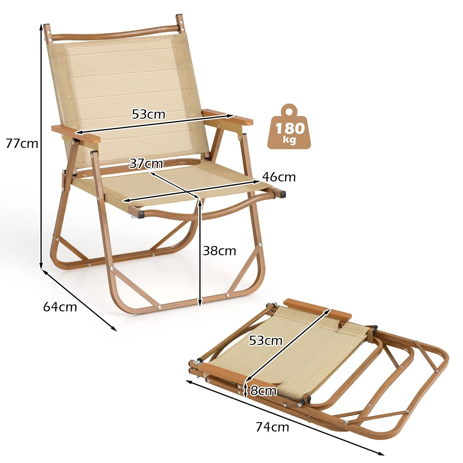 4 Costway 2x Portable Camping Chairs Folding Beach Chairs w/Aluminum Frame & Armrests Support 180KG - Beige, 4 of 4