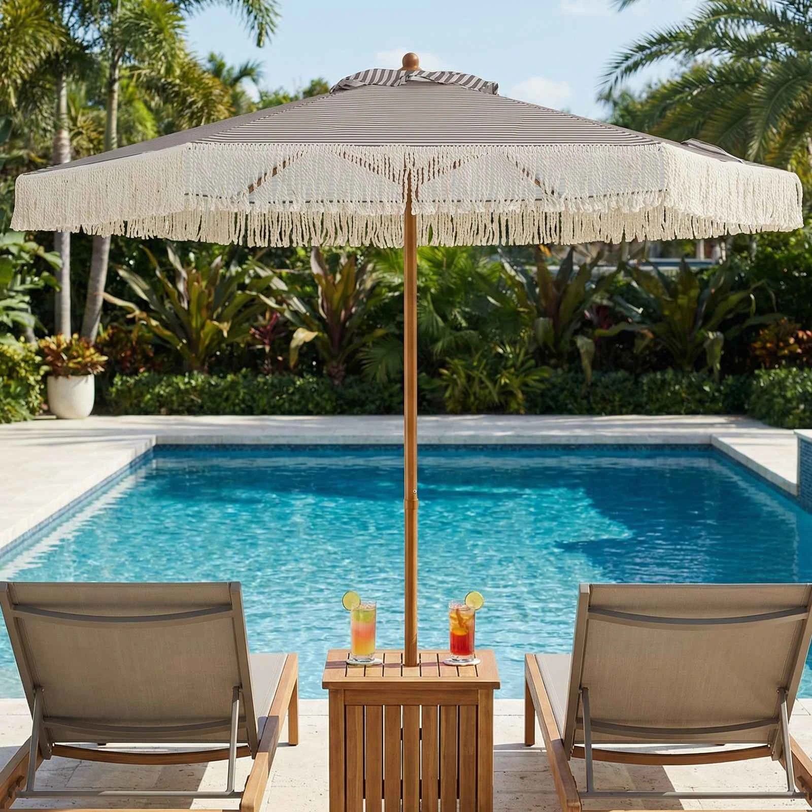 2 Costway 2.1m Patio Umbrella w/Fringe Boho Polyester Canopy Sun Shade Wood-Grain Aluminum Pole - Green, 2 of 2