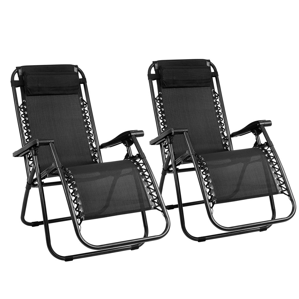 1 Gardeon 2PC Zero Gravity Chair Folding Outdoor Recliner Adjustable Sun Lounge Camping - Black, 1 of 7
