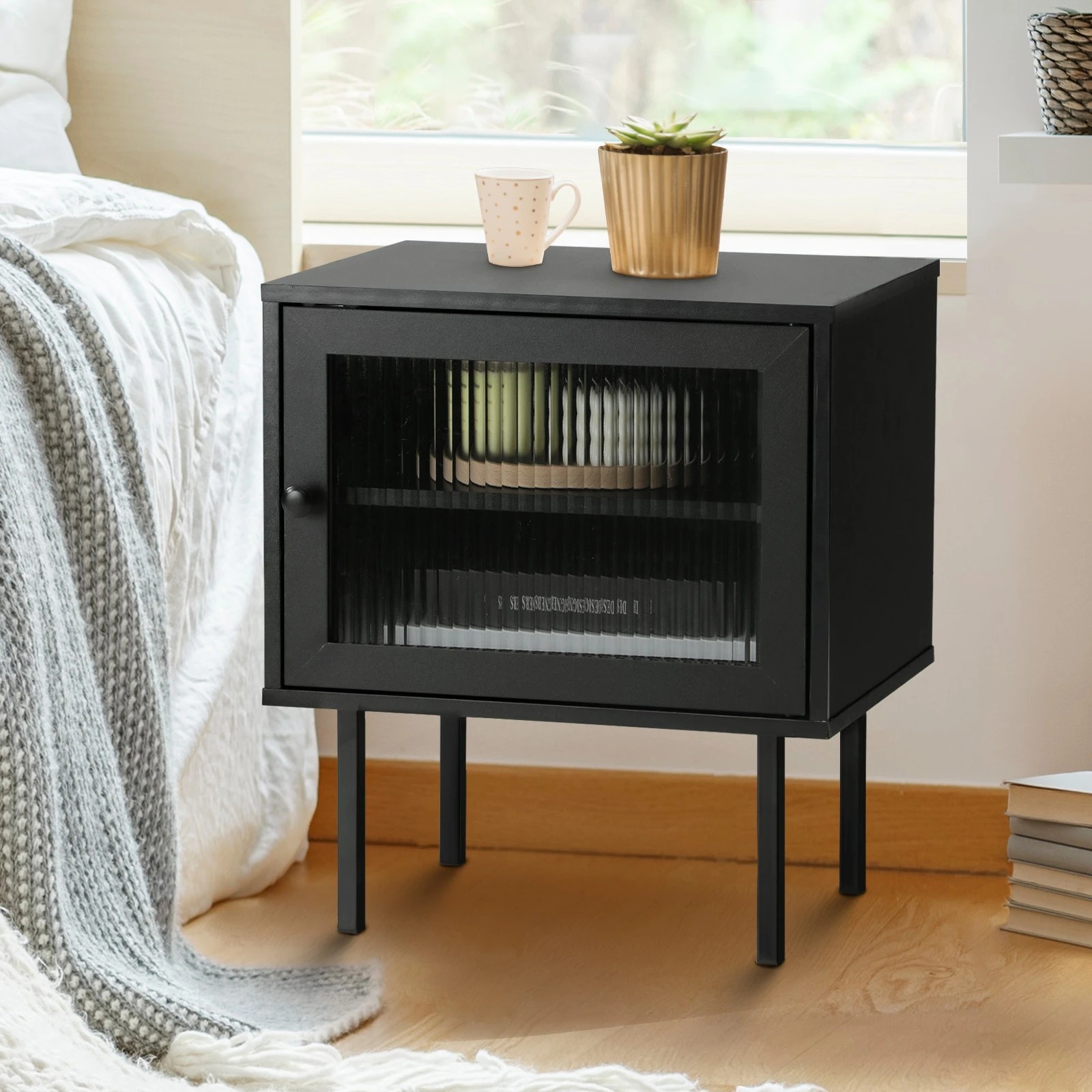 2 Oikiture Bedside Tables Nightstand Storage Cabinet Side End Table Wood
 - Black, 2 of 10