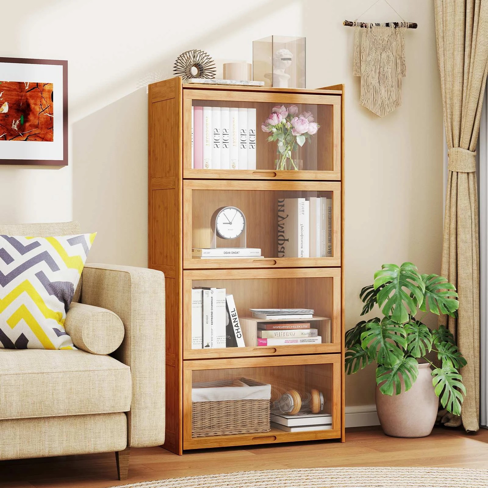 3 Costway 1.4m 4-Tier Bookcase Bamboo Bookshelf w/Doors Cube Organizer Display Cabinet - Natural, 3 of 5