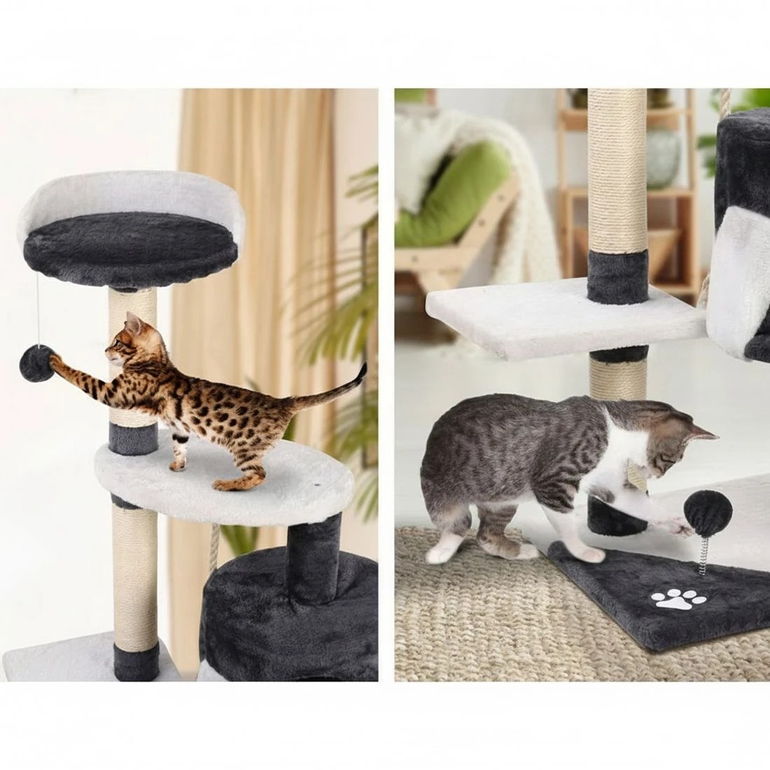 4 i.Pet Cat Tree 112cm Tower Scratching Post Scratcher Wood Condo House - Grey, 4 of 6