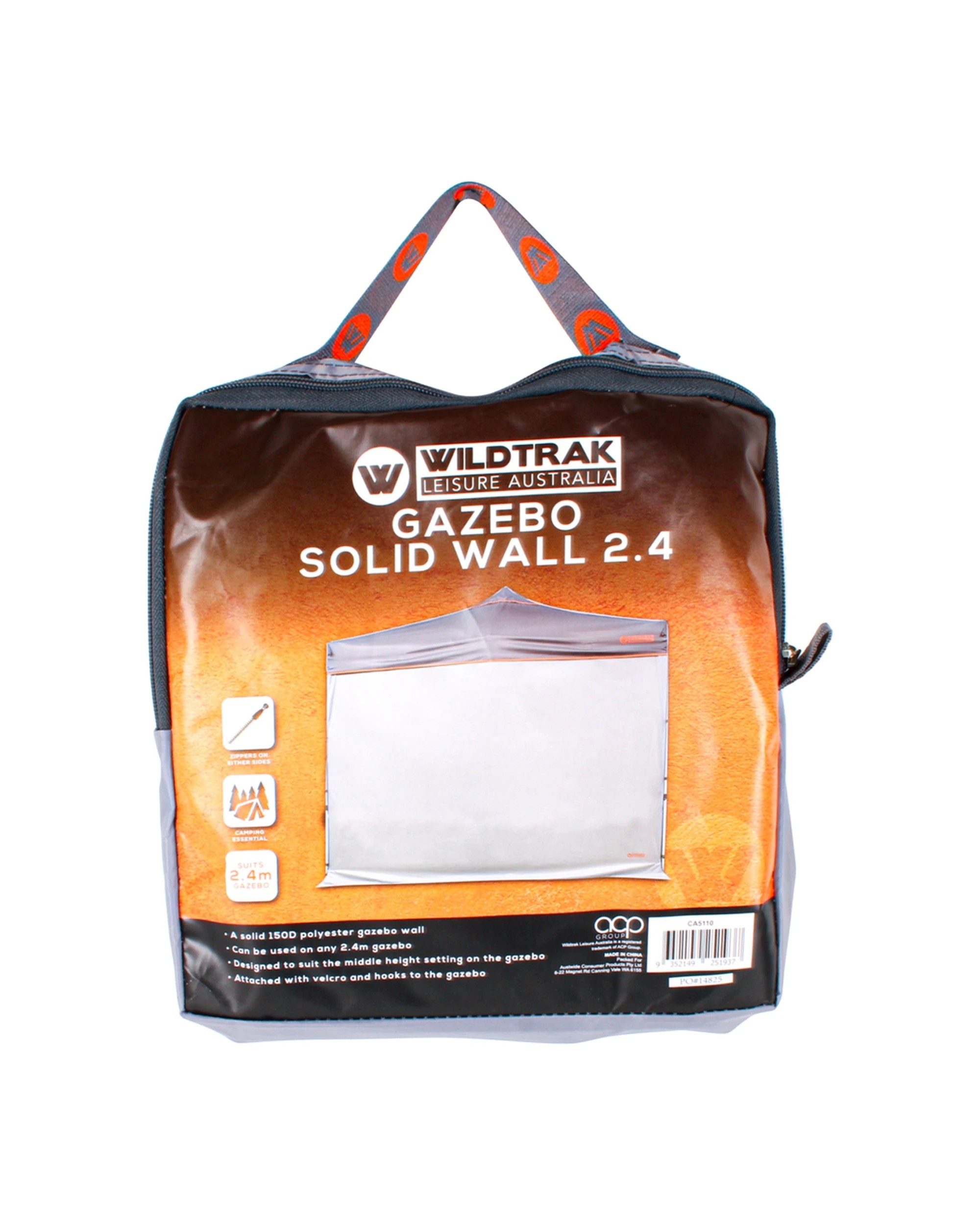 1 Wildtrak Solid Wall 2.4 For Camping 2.4m Gazebo 150D Polyester Hook N Loop - Grey, 1 of 3