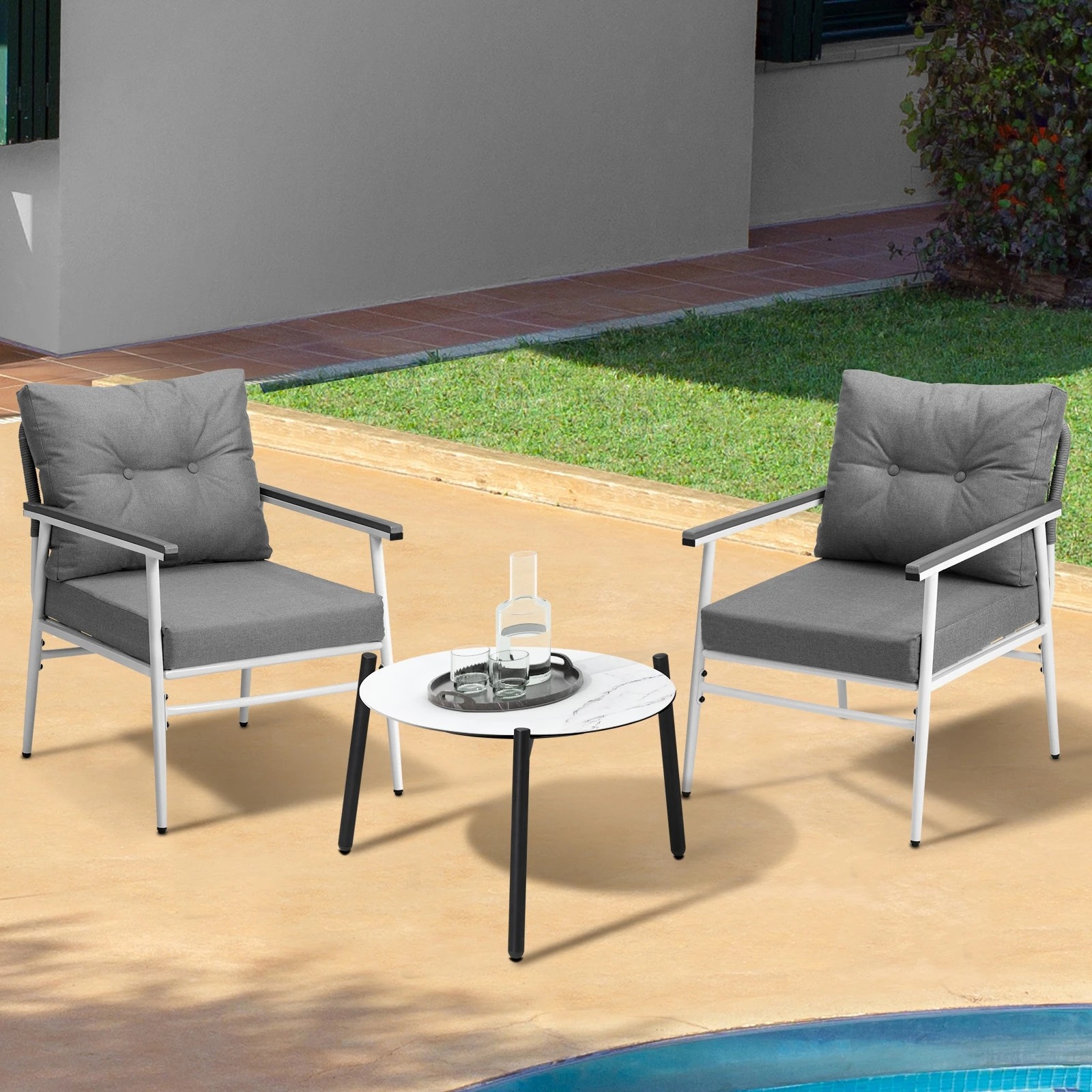 3 Livsip Outdoor Patio Setting 3PC Bistro Lounge Furniture Set 50cm White Table - Multi, 3 of 9