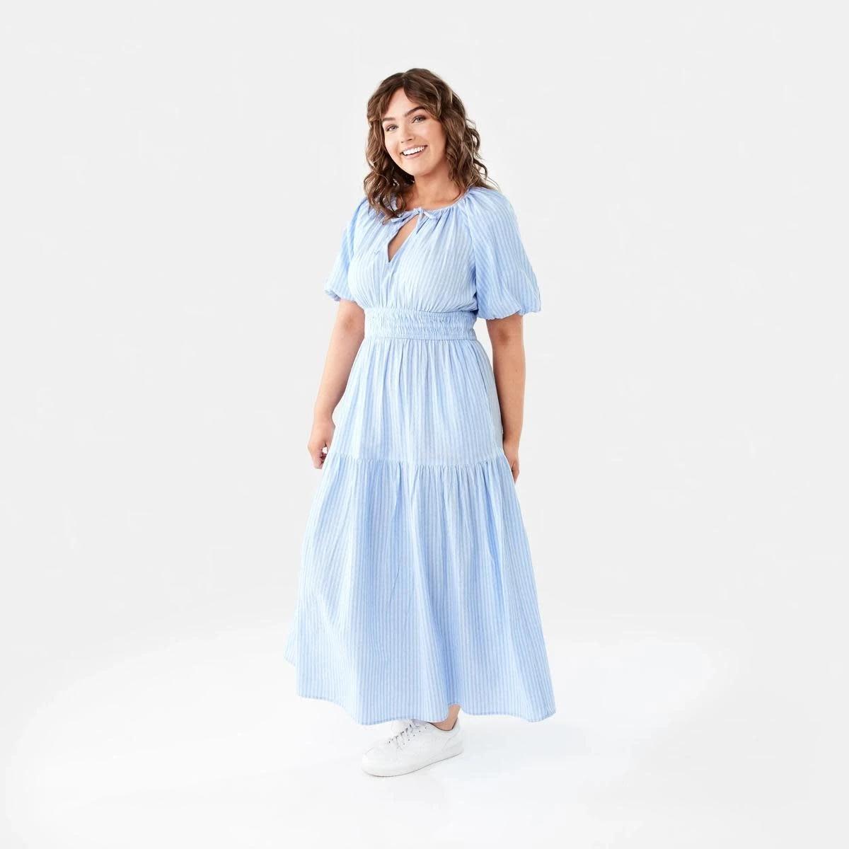 3 Short Sleeve Shirred Waist Midi Dress DANI STRP BRUNI BLUE, 3 of 10