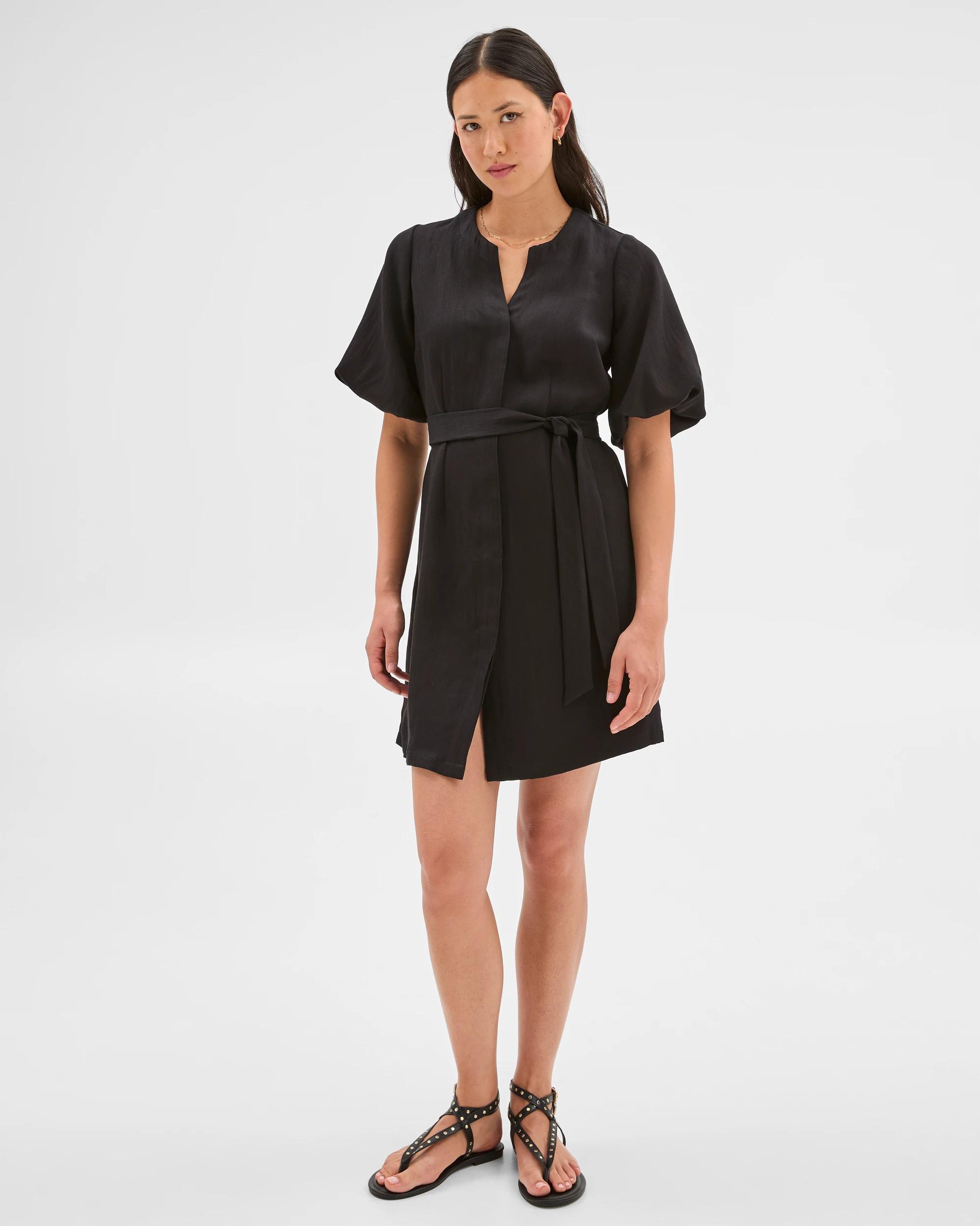 1 Puff Sleeve Mini Shirt Dress - Preview BLACK, 1 of 5