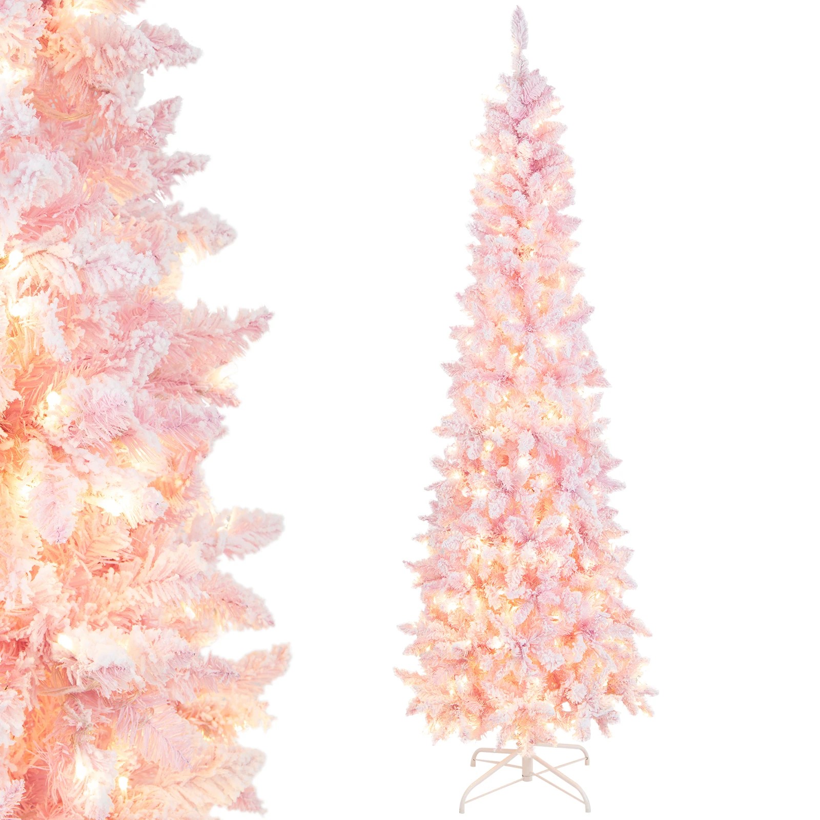 3 Costway 2.1M Pink Snow Flocked Christmas Tree w/300 LEDs Pre-Lit Artificial Xmas Tree, 3 of 4