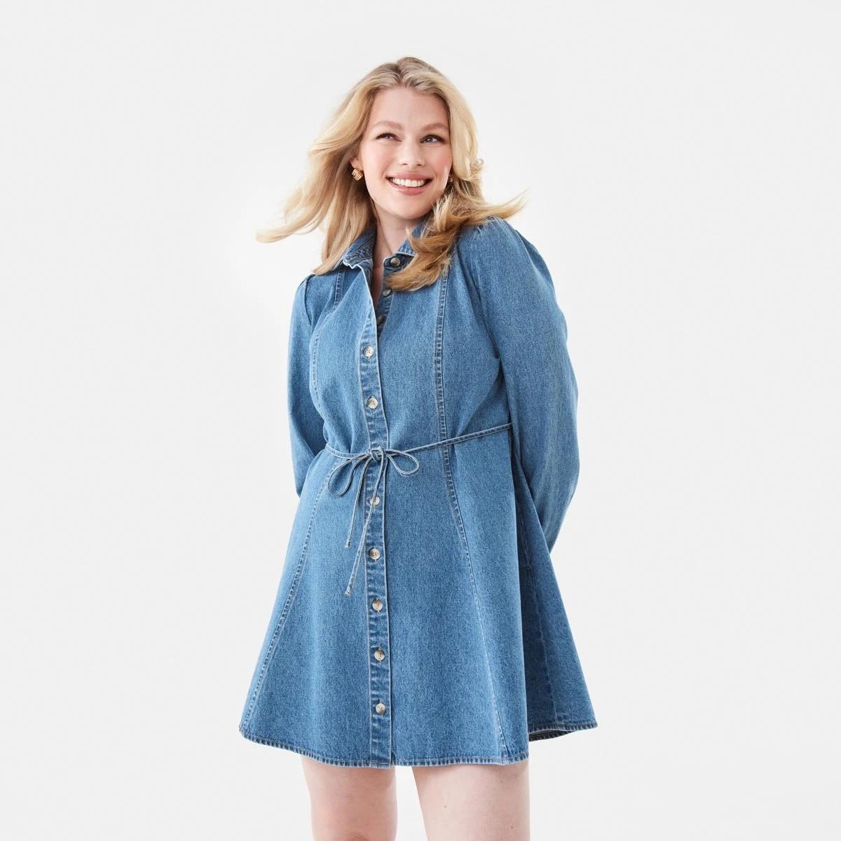 1 Long Sleeve Denim Swing Mini Dress Mid Wash, 1 of 8