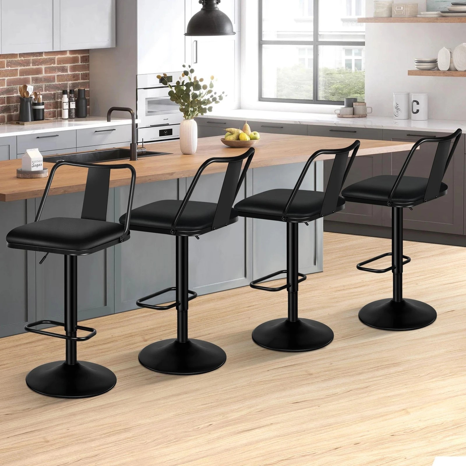 10 Alfordson 4x Bar Stools Gas Lift Leather Bar Chairs Kitchen Swivel Gloria - Black, 10 of 10