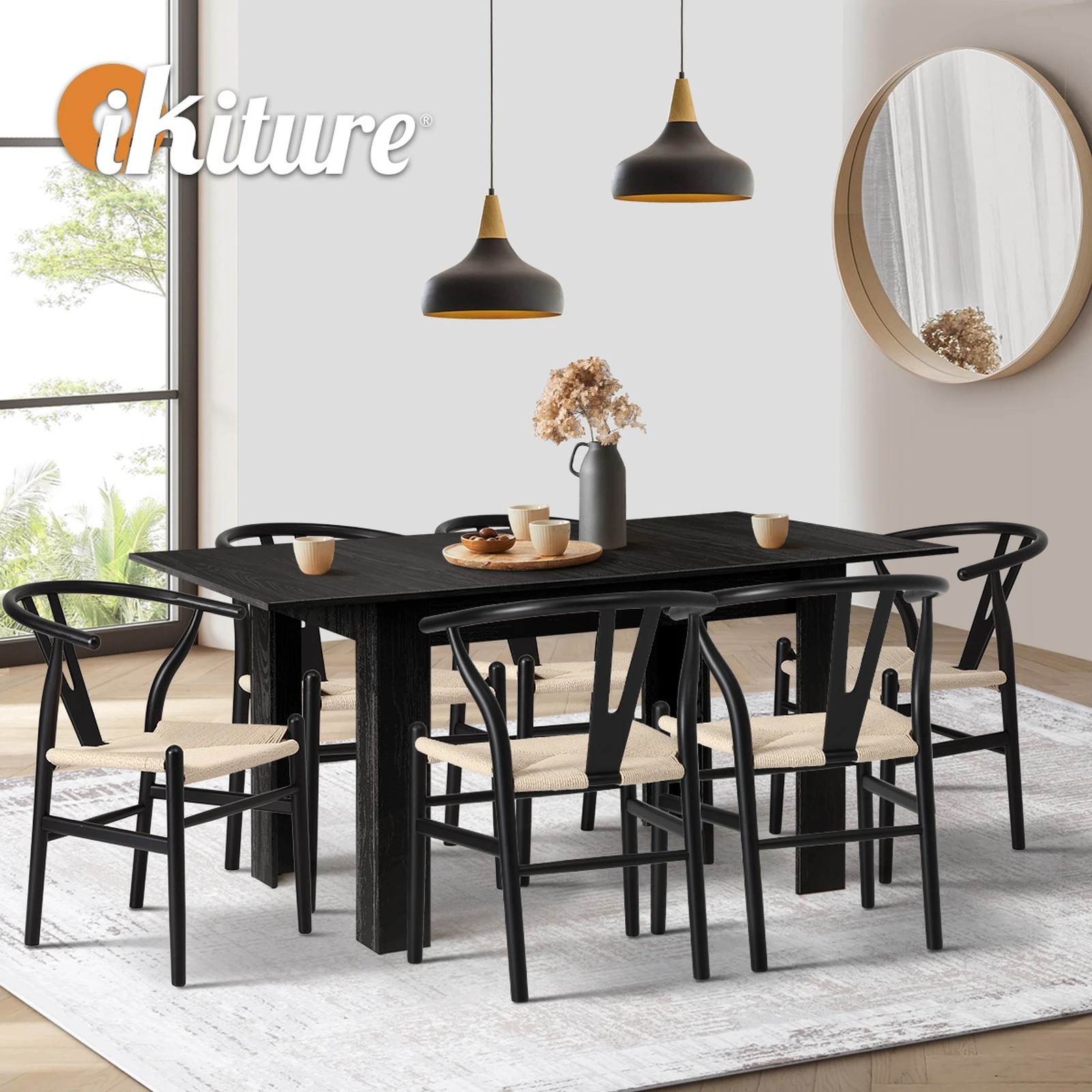 6 Oikiture 160cm Extendable Dining Table with 6x Hans Wegner Dining Chairs - Black, 6 of 9