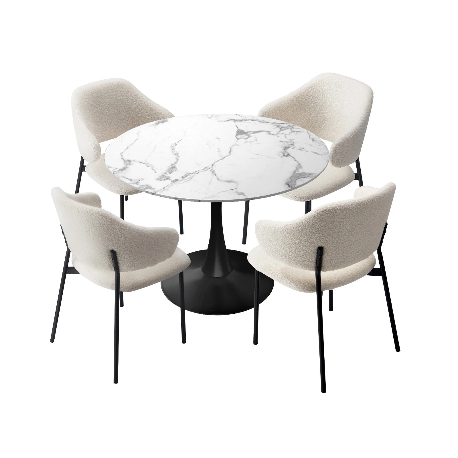 1 Oikiture 5PCS Dining Table Set Round Table Sherpa Dining Chairs -White&Black, 1 of 9