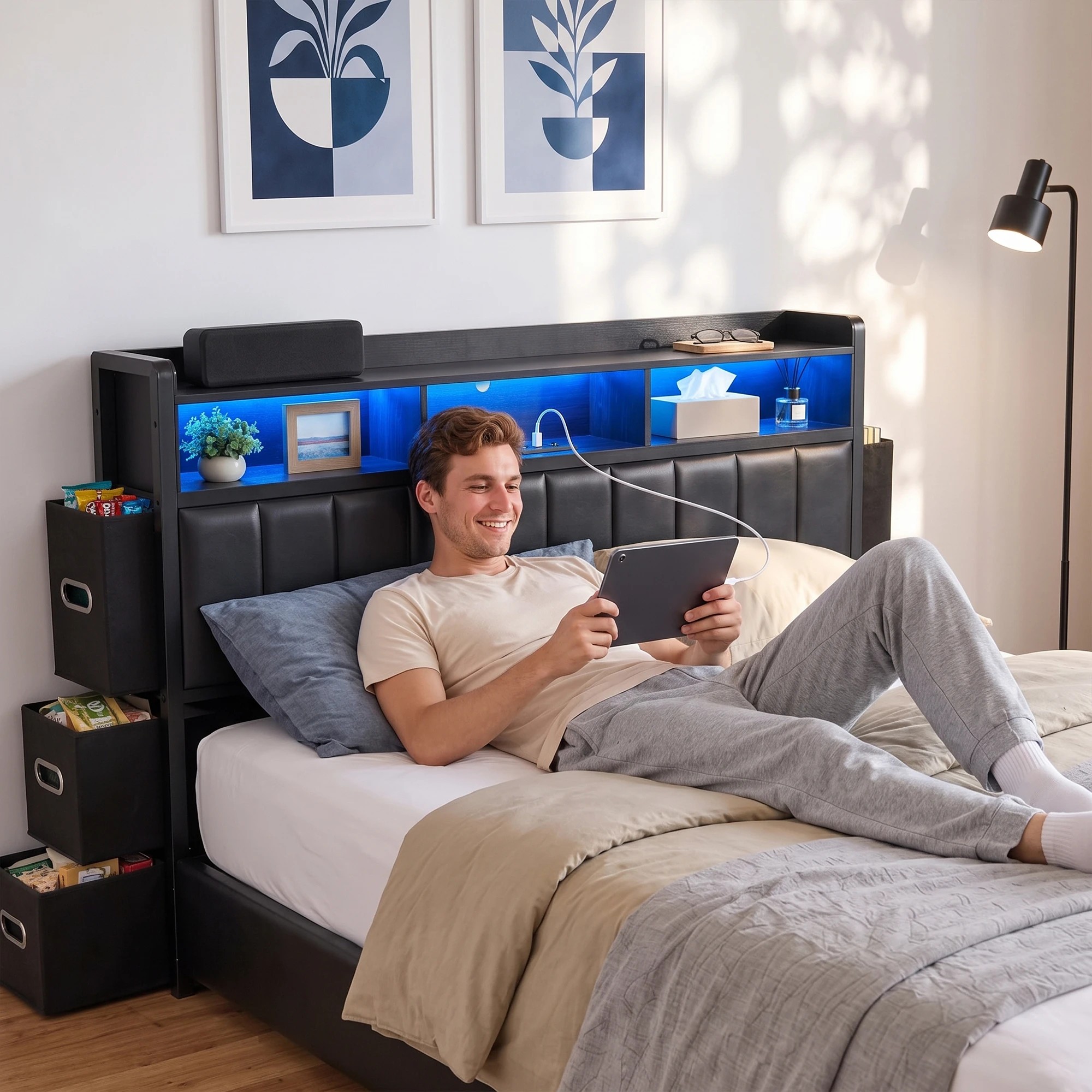 9 Artiss Bed Frame with Storage Headboard, 2 Drawers Charging Station LED Light - King Bed - Black, 9 of 10