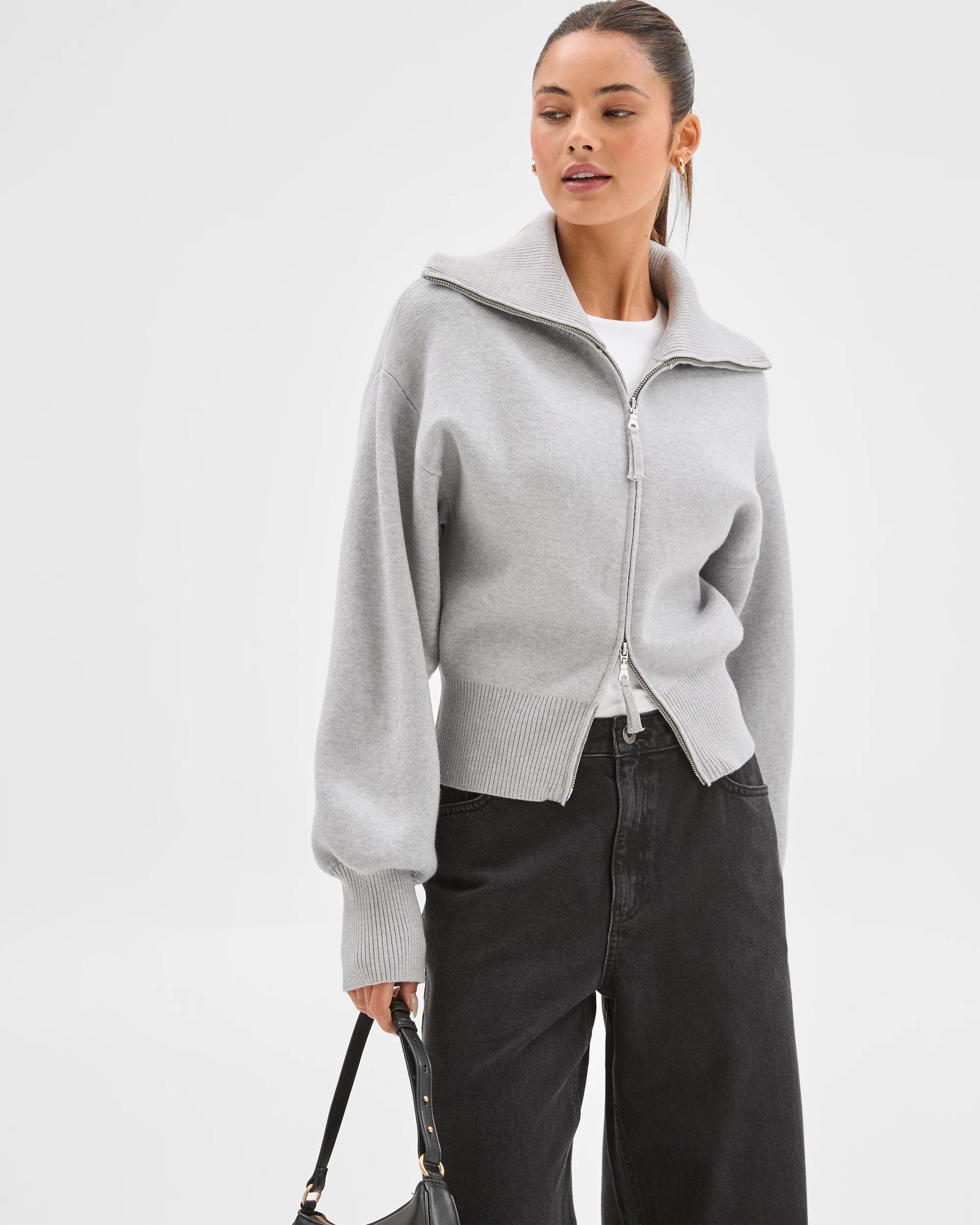 3 Lily Loves Long Cocoon Sleeve Zip Through Cardigan GREY, 3 of 8