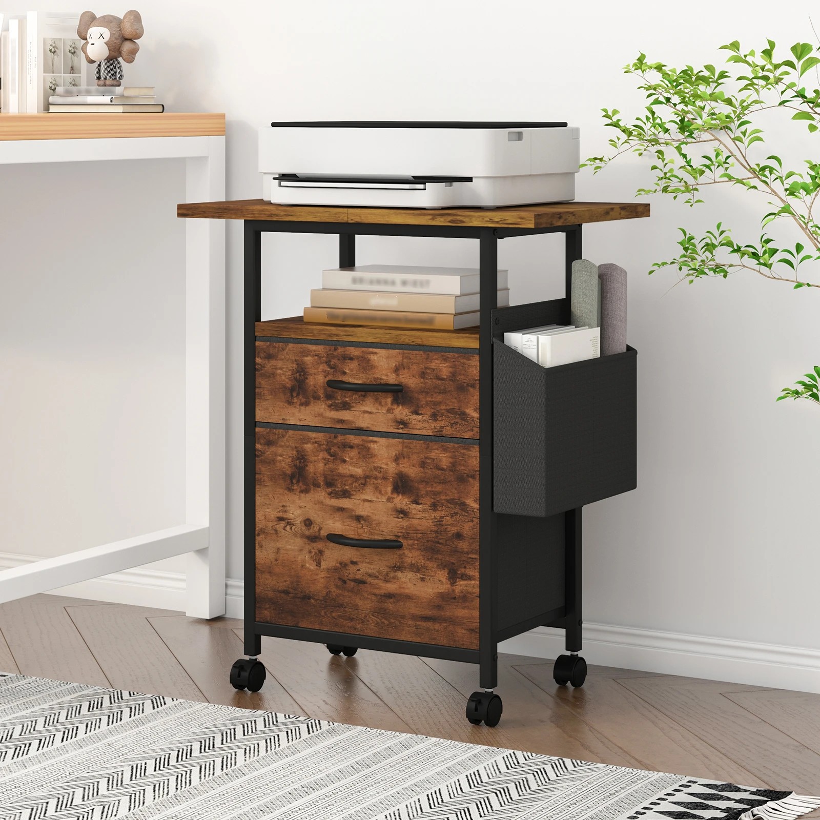 1 Advwin Mobile File Cabinet with Extended Desktop 2 Drawers & Fabric Side Bag - Brown, 1 of 10