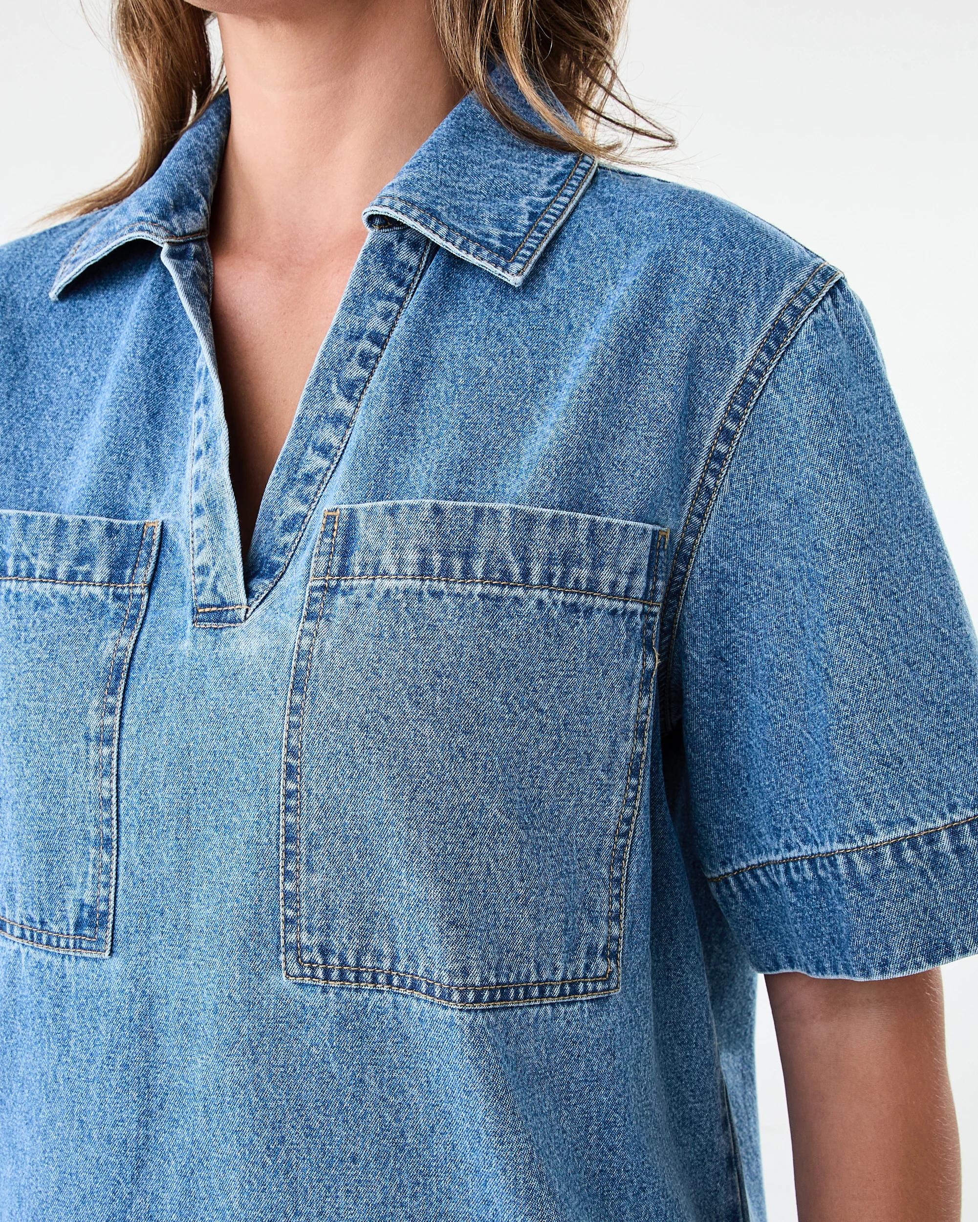 6 Short Sleeve Boxy V-Neck Denim Dress Mid Wash, 6 of 8