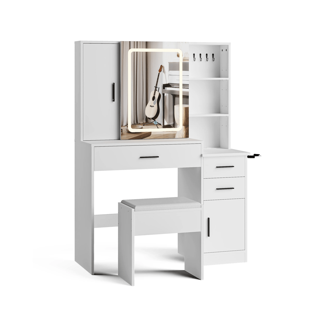 1 Advwin Dressing Table Stool Set With Mirror Led Lights Jewelry Armoire, 1 of 10