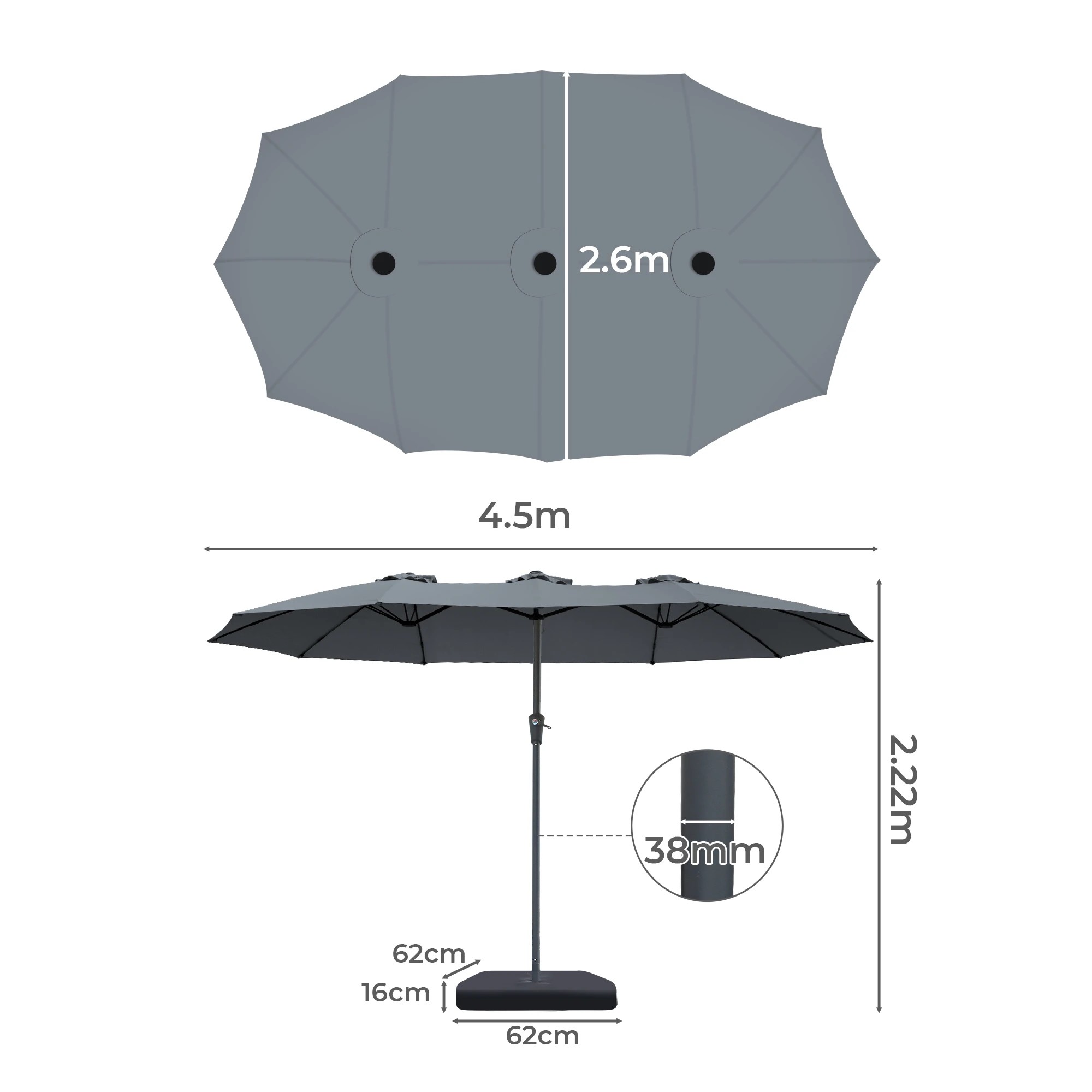 3 Centra 4.5x2.6M Outdoor Double Large Patio Umbrella with Base - Grey, 3 of 9