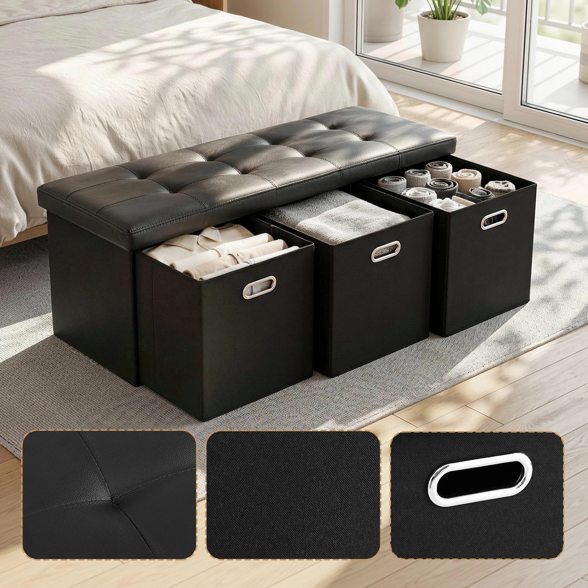 5 Artiss Storage Ottoman with 3 Cube Drawers Foot Stool Rest Foldable - Black, 5 of 7