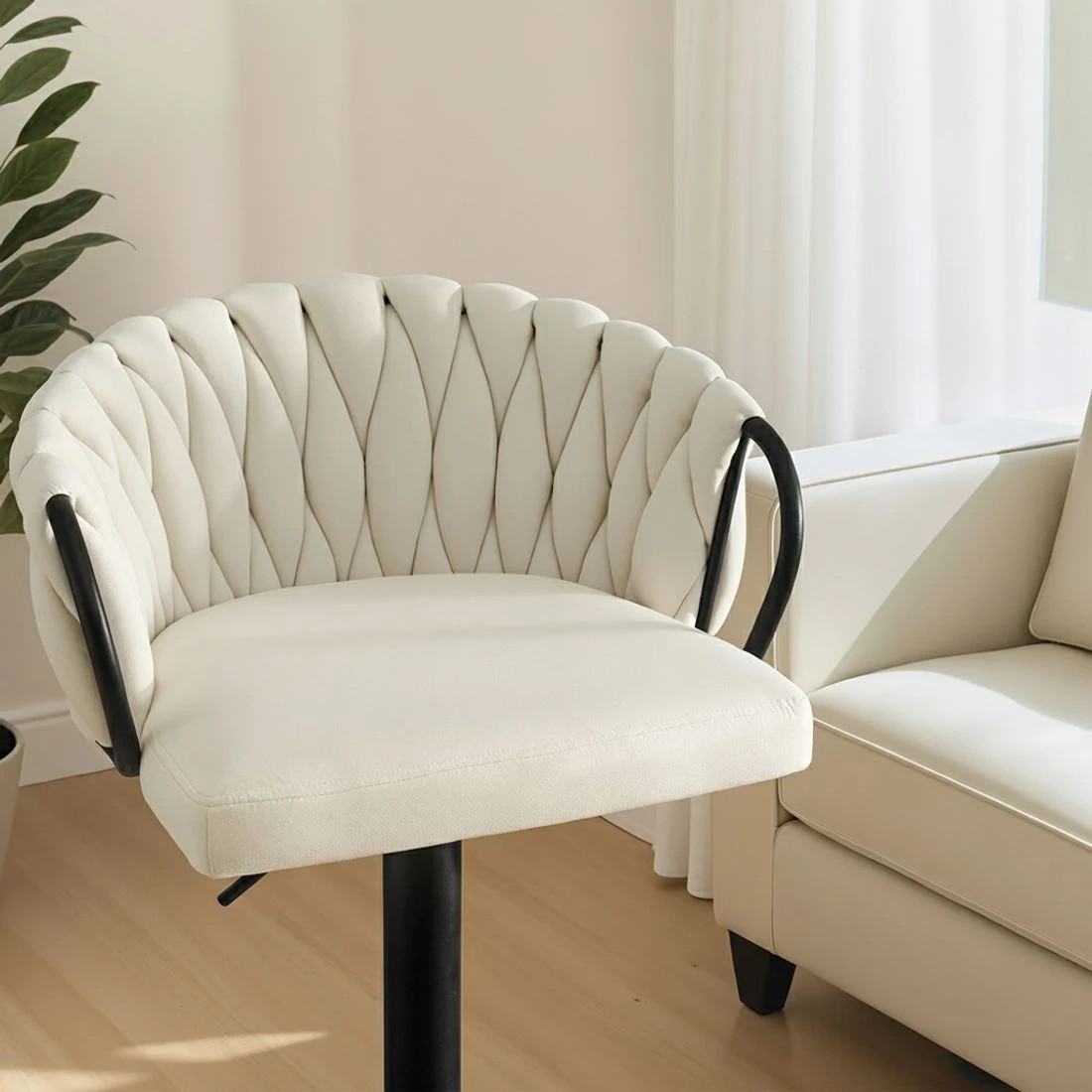 5 Artiss Bar Stool x2 Kitchen Dining Chair Counter Gaslift Woven Velvet - Beige, 5 of 6