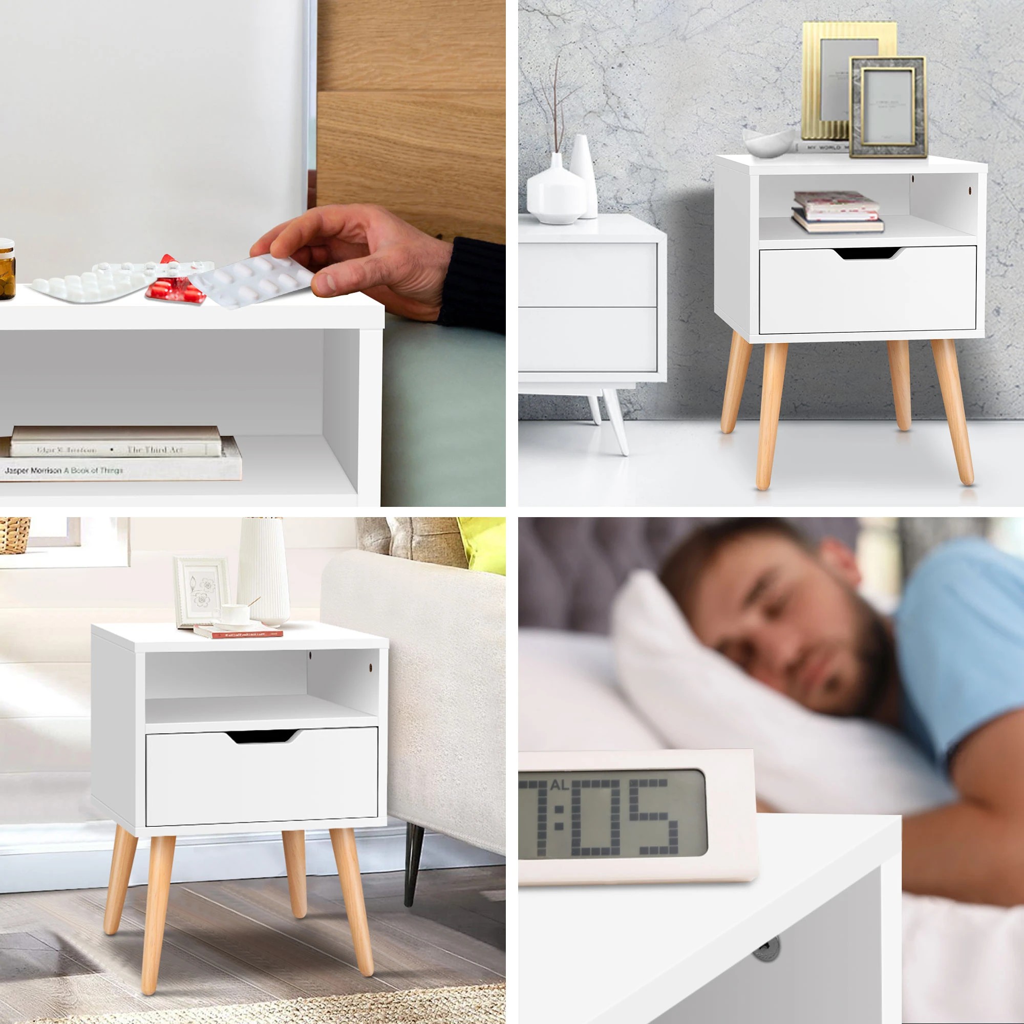 4 Alfordson Bedside Table Nightstand Side Storage Cabinet Scandinavian - White, 4 of 10