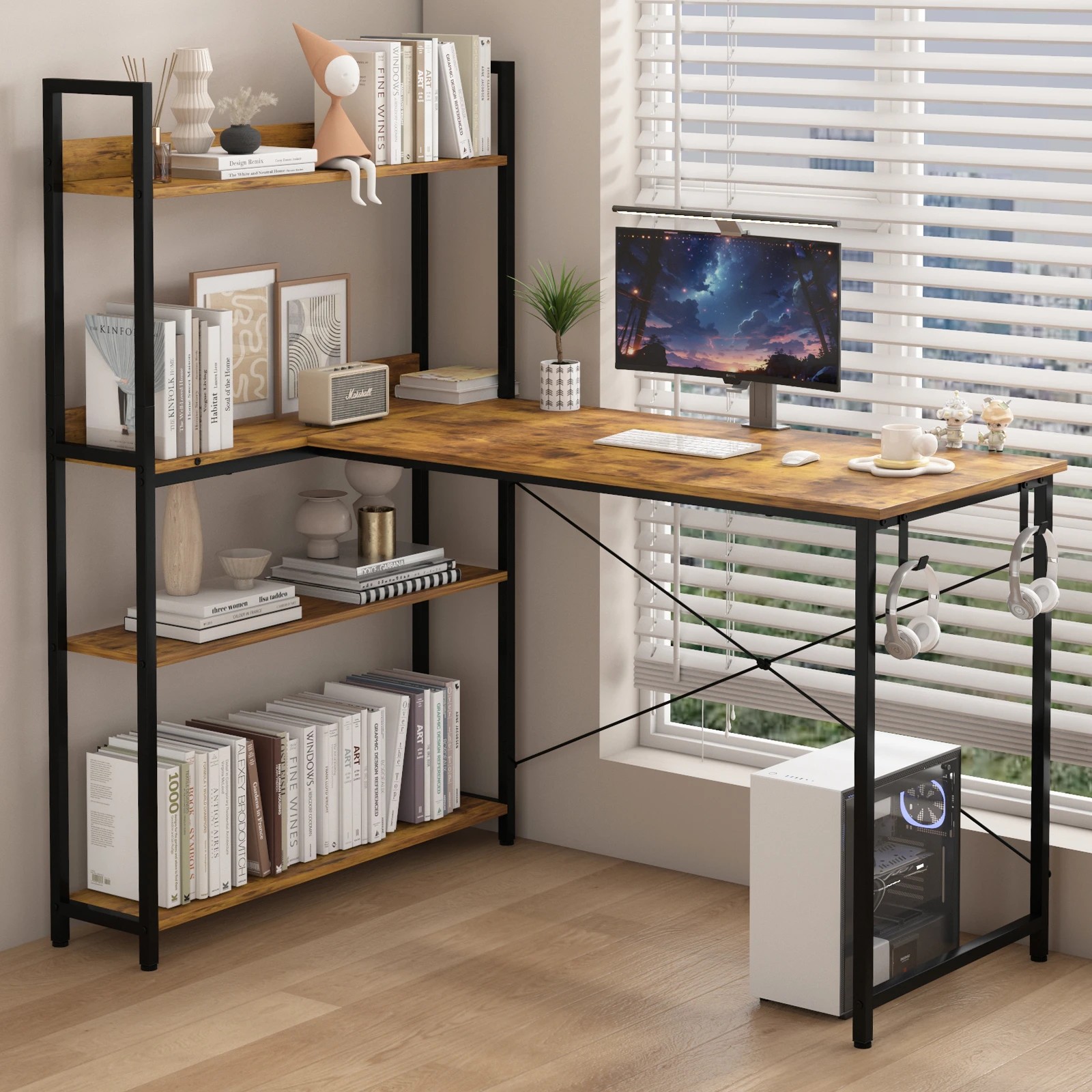 2 Advwin 110cm L Shaped Computer Desk With Reversible Storage Shelves Corner Desk - Brown, 2 of 8