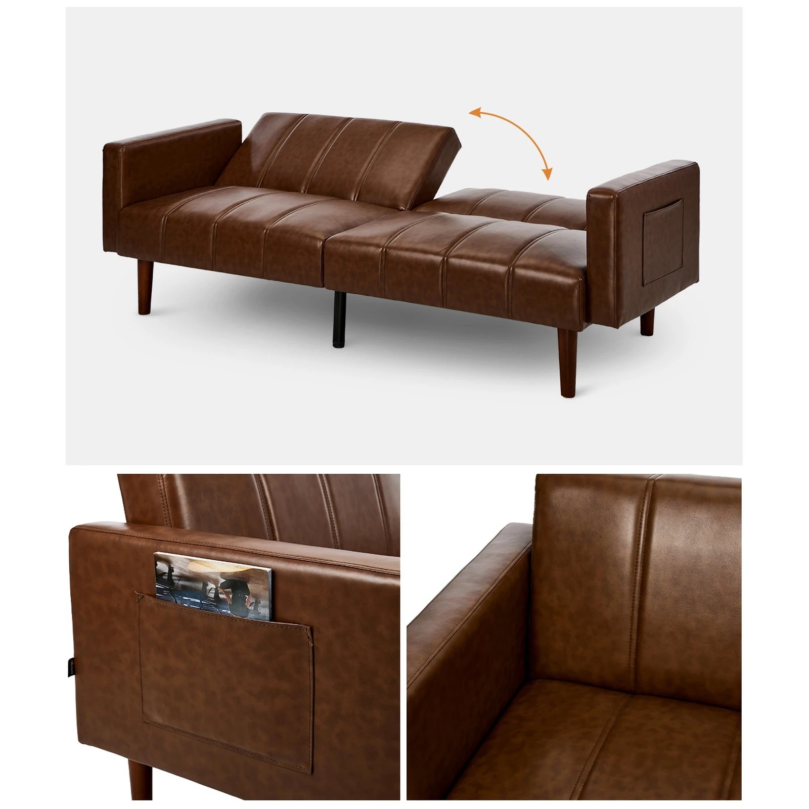 6 Oikiture 3 Seater Sofa Bed Sleeper Futon Faux Leather - Brown, 6 of 10