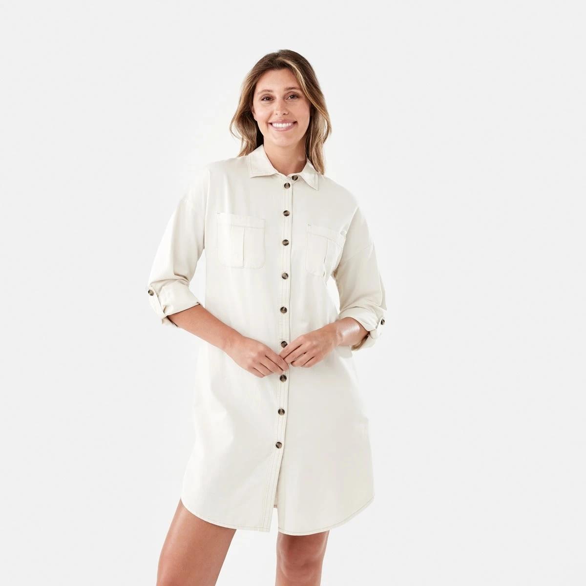 1 Long Sleeve Shift Shirt Mini Dress Bge Cream, 1 of 9