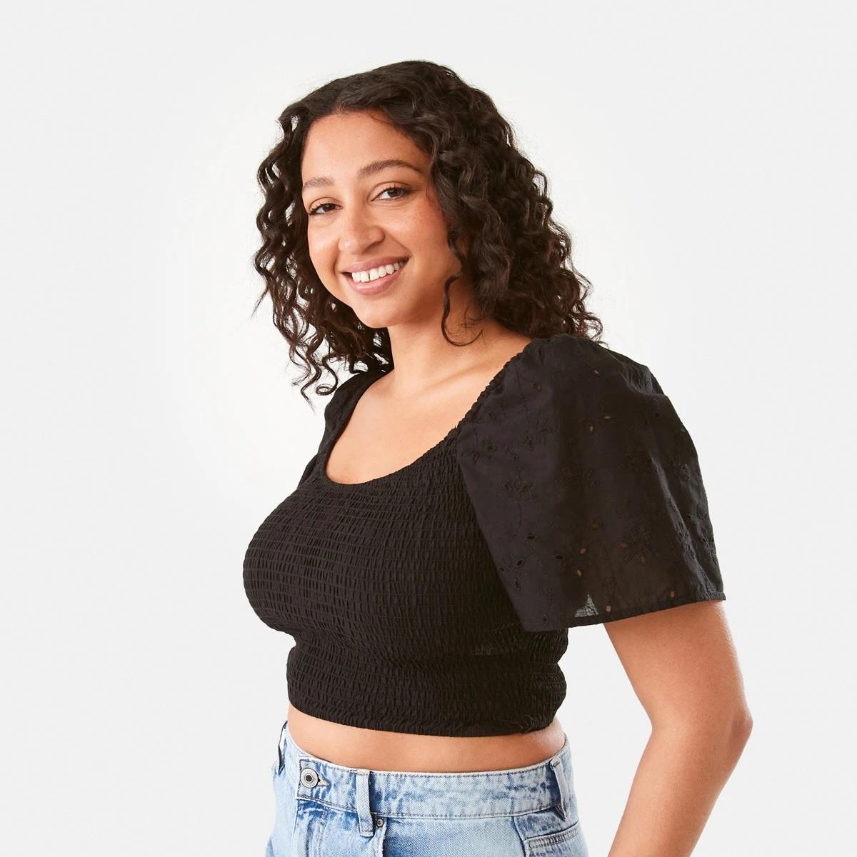 2 Short Sleeve Shirred Broderie Top Black, 2 of 6